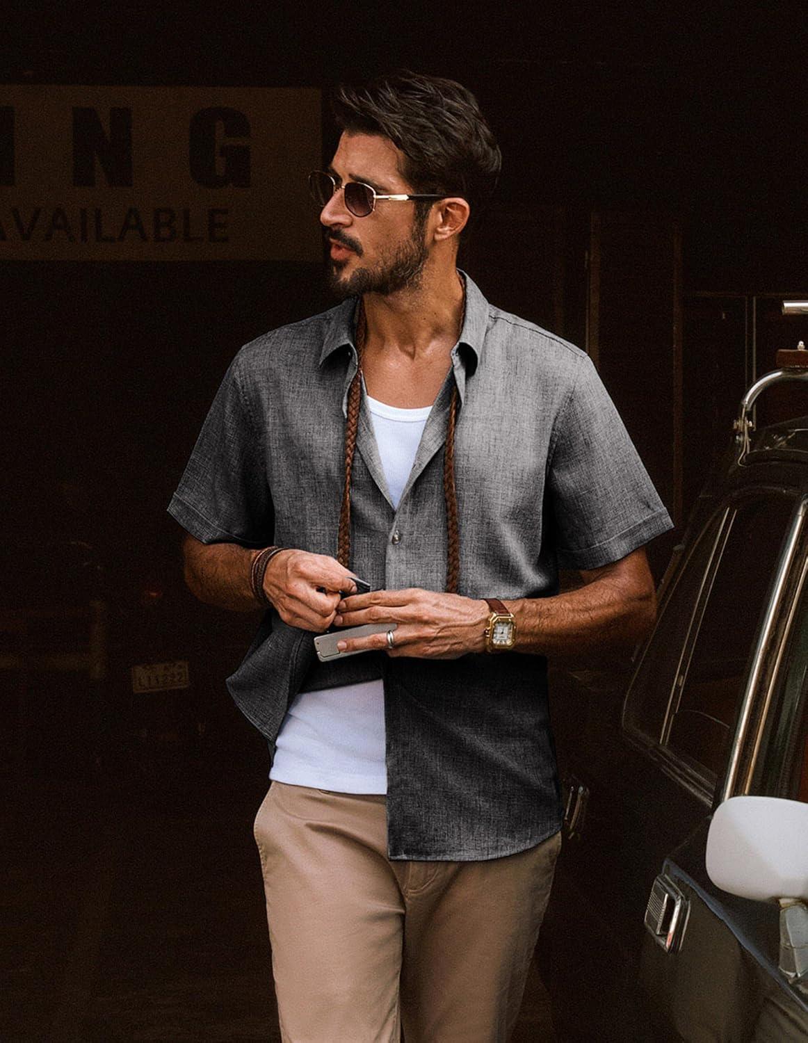 imagePJ Jones Mens Casual Shirts Short Sleeve Button Down Shirt Lightweight Summer ShirtsDark Gray