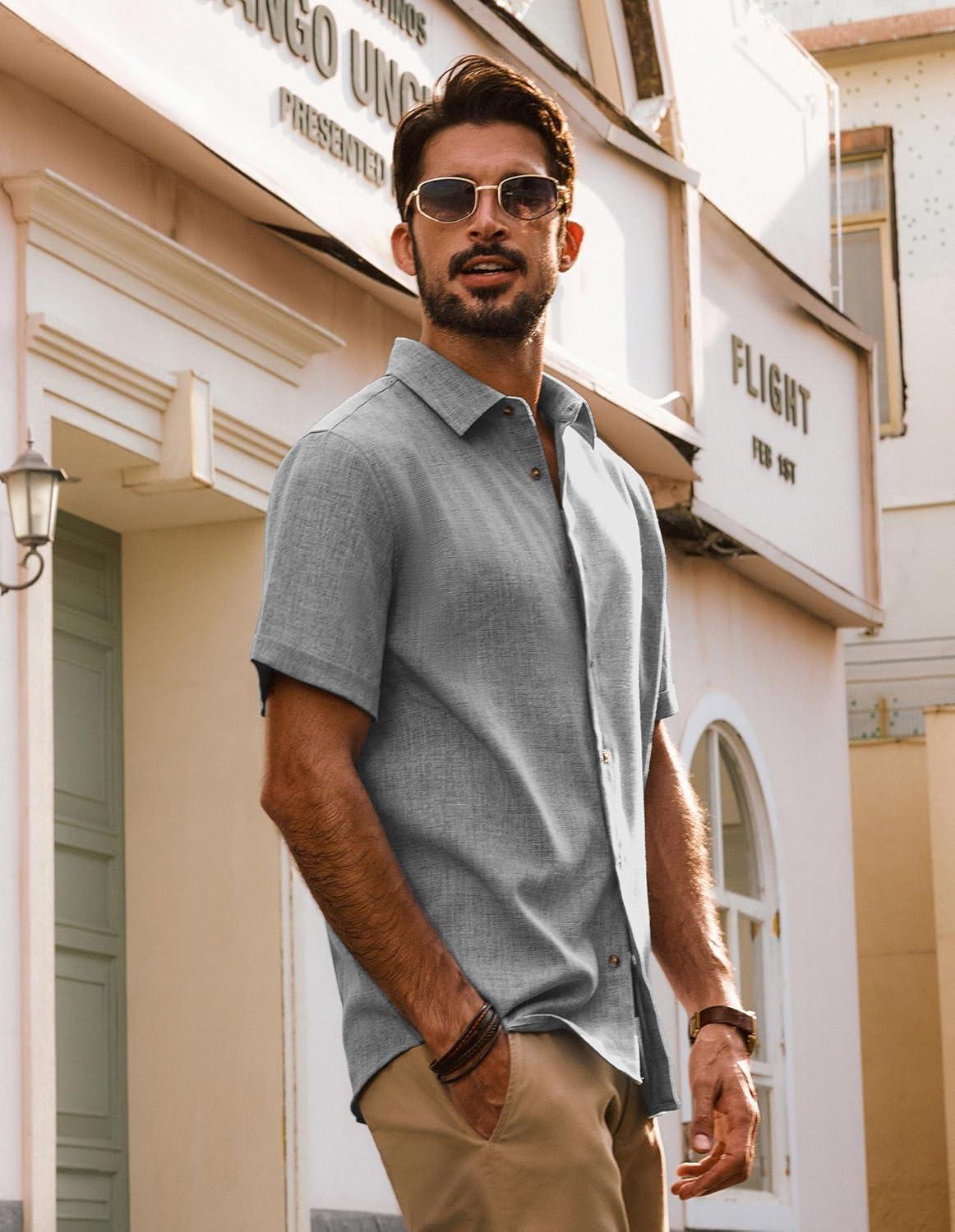 imagePJ Jones Mens Casual Shirts Short Sleeve Button Down Shirt Lightweight Summer ShirtsGray