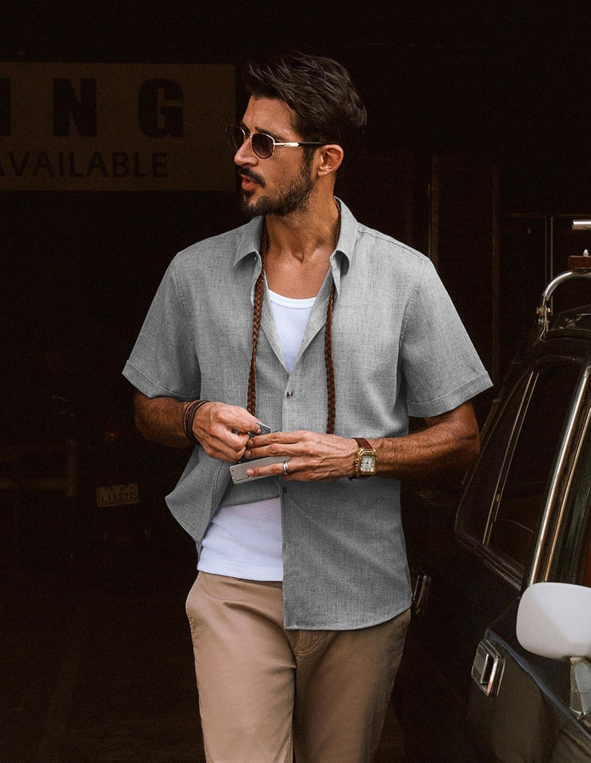 imagePJ Jones Mens Casual Shirts Short Sleeve Button Down Shirt Lightweight Summer ShirtsGray