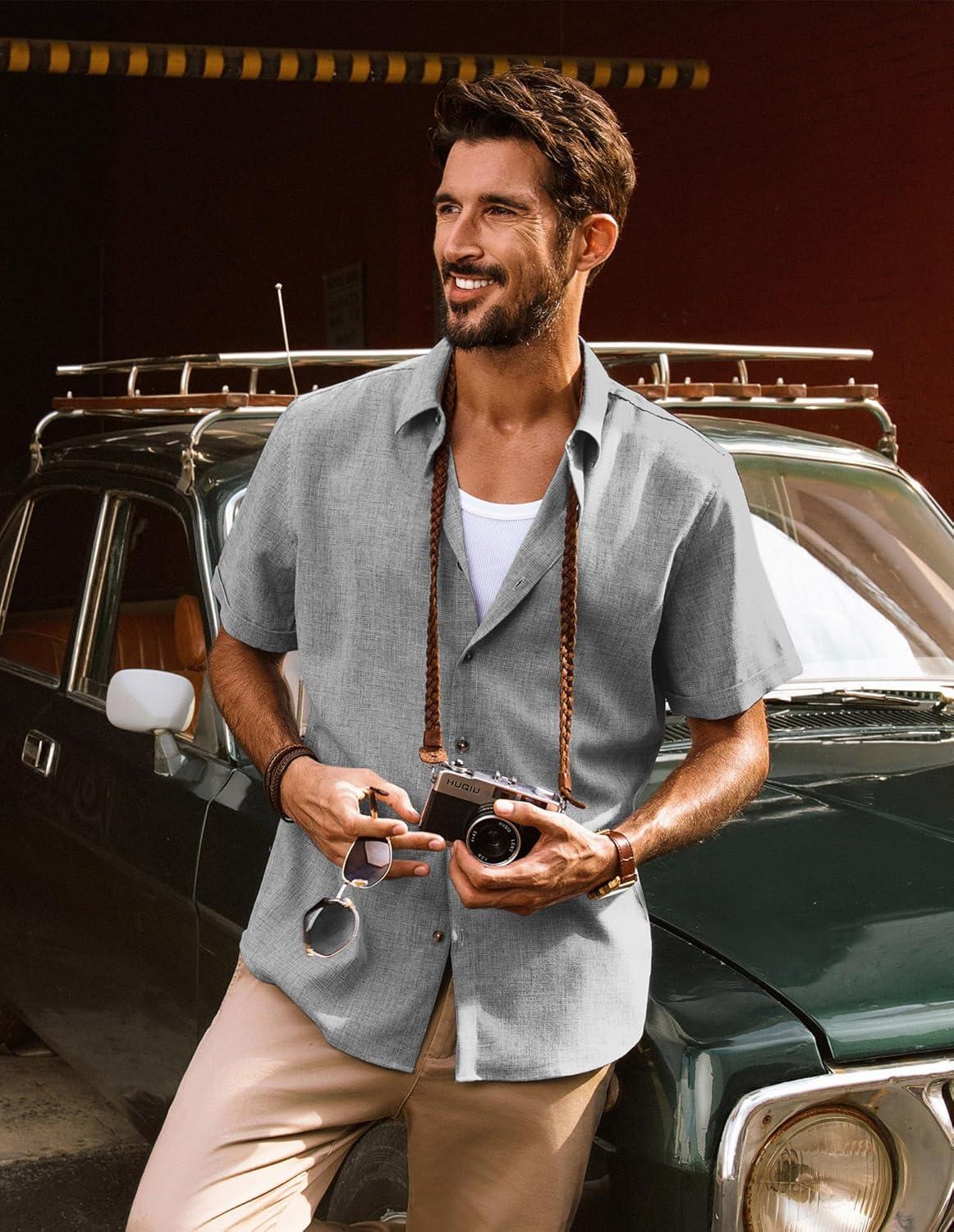 imagePJ Jones Mens Casual Shirts Short Sleeve Button Down Shirt Lightweight Summer ShirtsGray