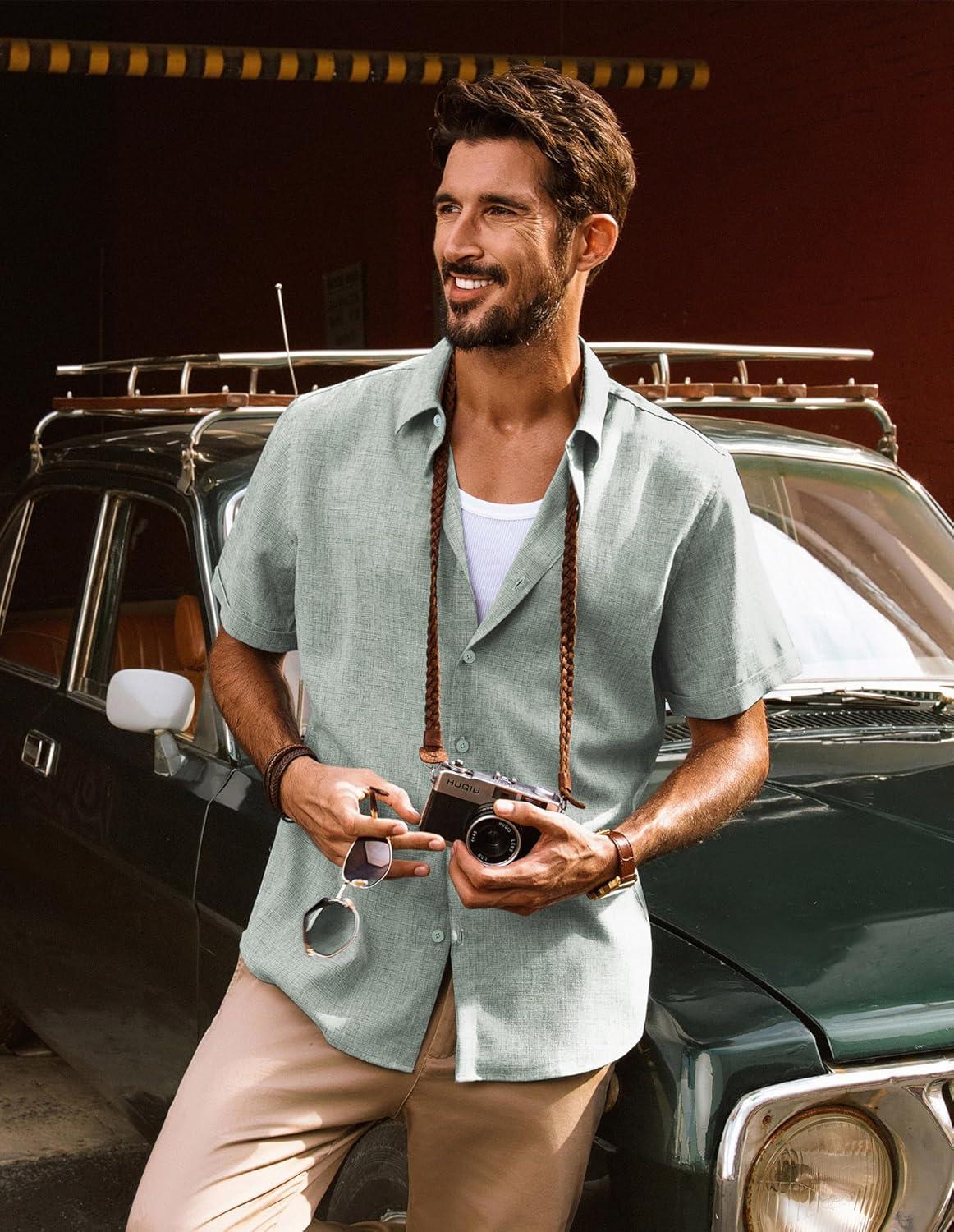 imagePJ Jones Mens Casual Shirts Short Sleeve Button Down Shirt Lightweight Summer ShirtsGreen