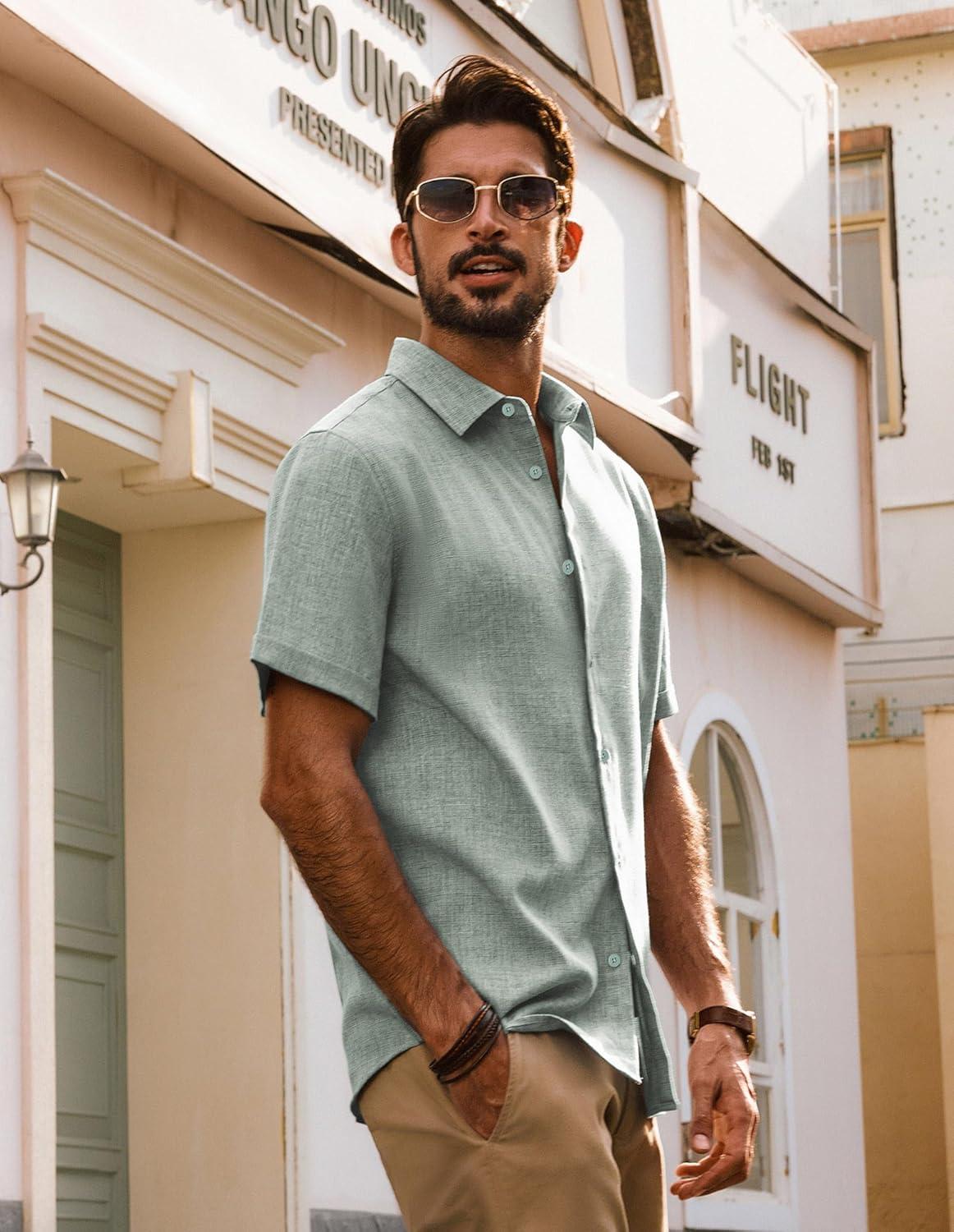 imagePJ Jones Mens Casual Shirts Short Sleeve Button Down Shirt Lightweight Summer ShirtsGreen