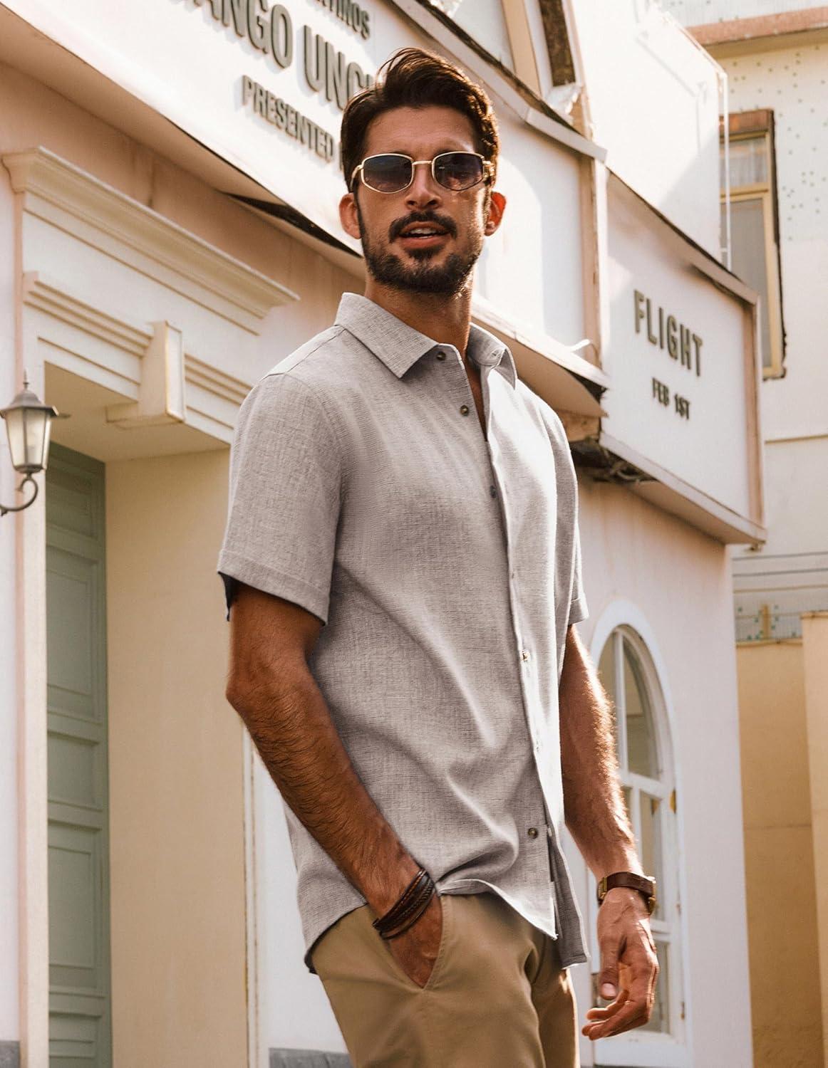 imagePJ Jones Mens Casual Shirts Short Sleeve Button Down Shirt Lightweight Summer ShirtsKhaki