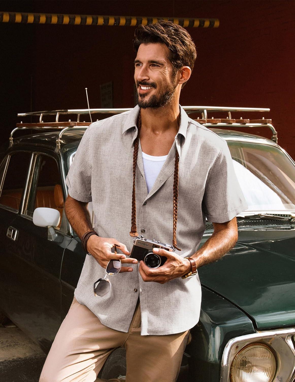 imagePJ Jones Mens Casual Shirts Short Sleeve Button Down Shirt Lightweight Summer ShirtsKhaki