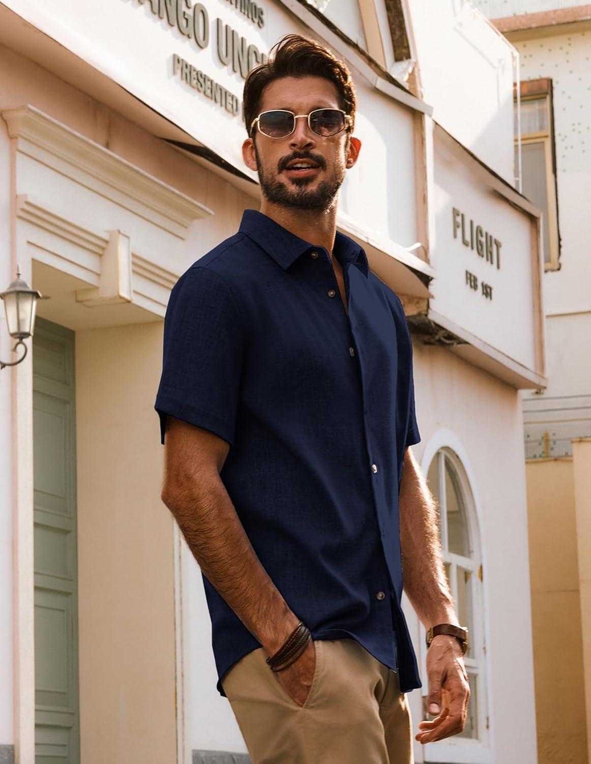 imagePJ Jones Mens Casual Shirts Short Sleeve Button Down Shirt Lightweight Summer ShirtsNavy Blue