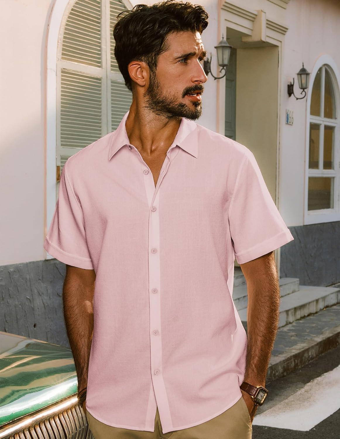 imagePJ Jones Mens Casual Shirts Short Sleeve Button Down Shirt Lightweight Summer ShirtsPink