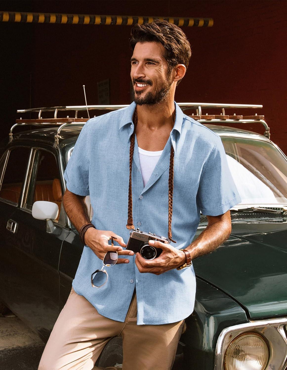 imagePJ Jones Mens Casual Shirts Short Sleeve Button Down Shirt Lightweight Summer ShirtsSky Blue
