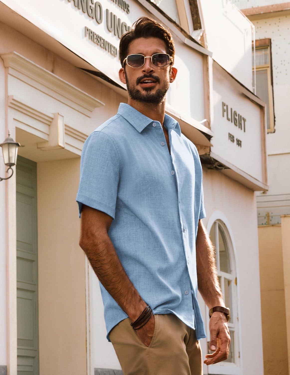 imagePJ Jones Mens Casual Shirts Short Sleeve Button Down Shirt Lightweight Summer ShirtsSky Blue
