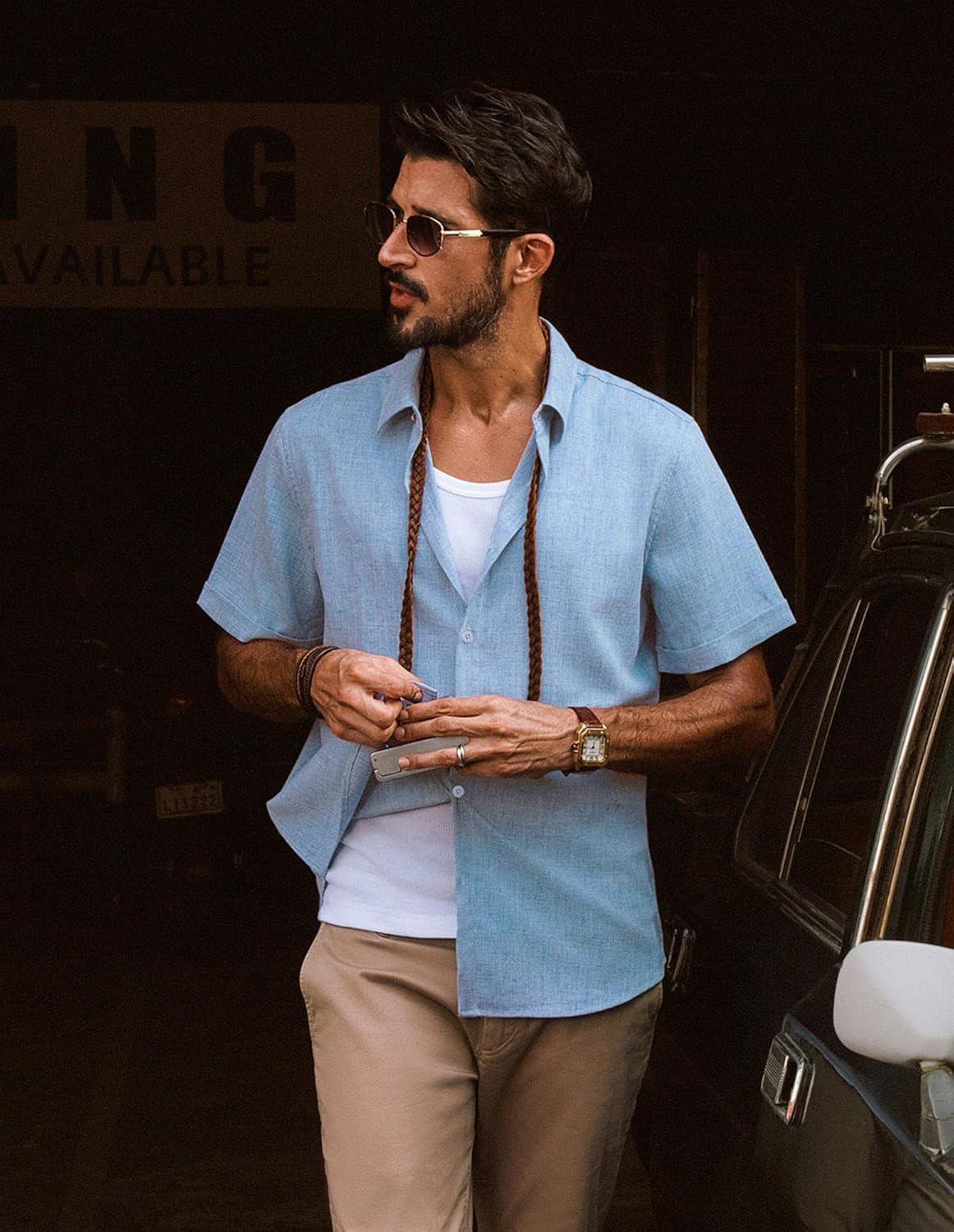 imagePJ Jones Mens Casual Shirts Short Sleeve Button Down Shirt Lightweight Summer ShirtsSky Blue