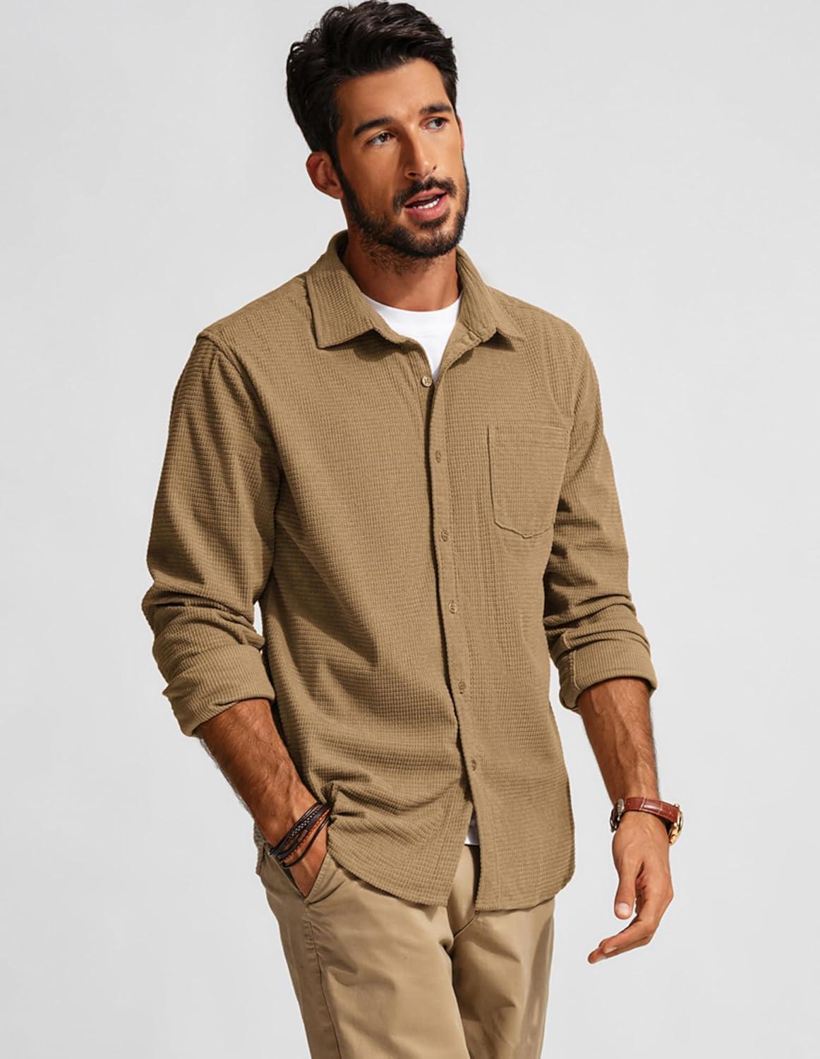imagePJ PAUL JONES Mens Button Down Shirt Texture Wrinkle Free Shirts Long Sleeve Waffle Untucked ShirtDark Khaki