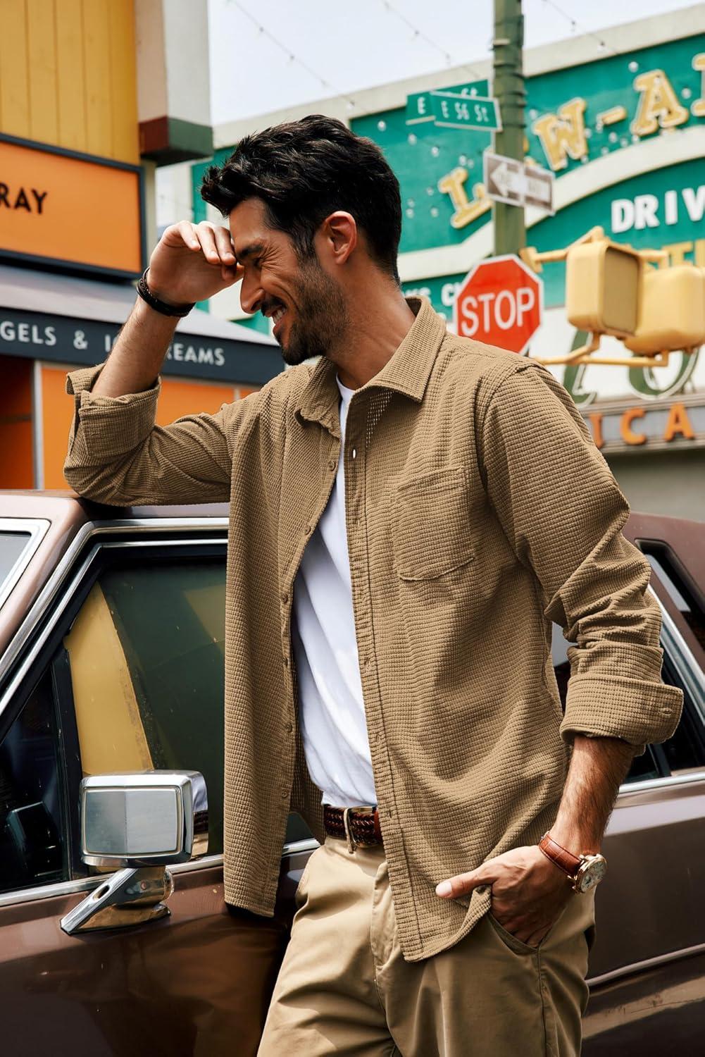 imagePJ PAUL JONES Mens Button Down Shirt Texture Wrinkle Free Shirts Long Sleeve Waffle Untucked ShirtDark Khaki