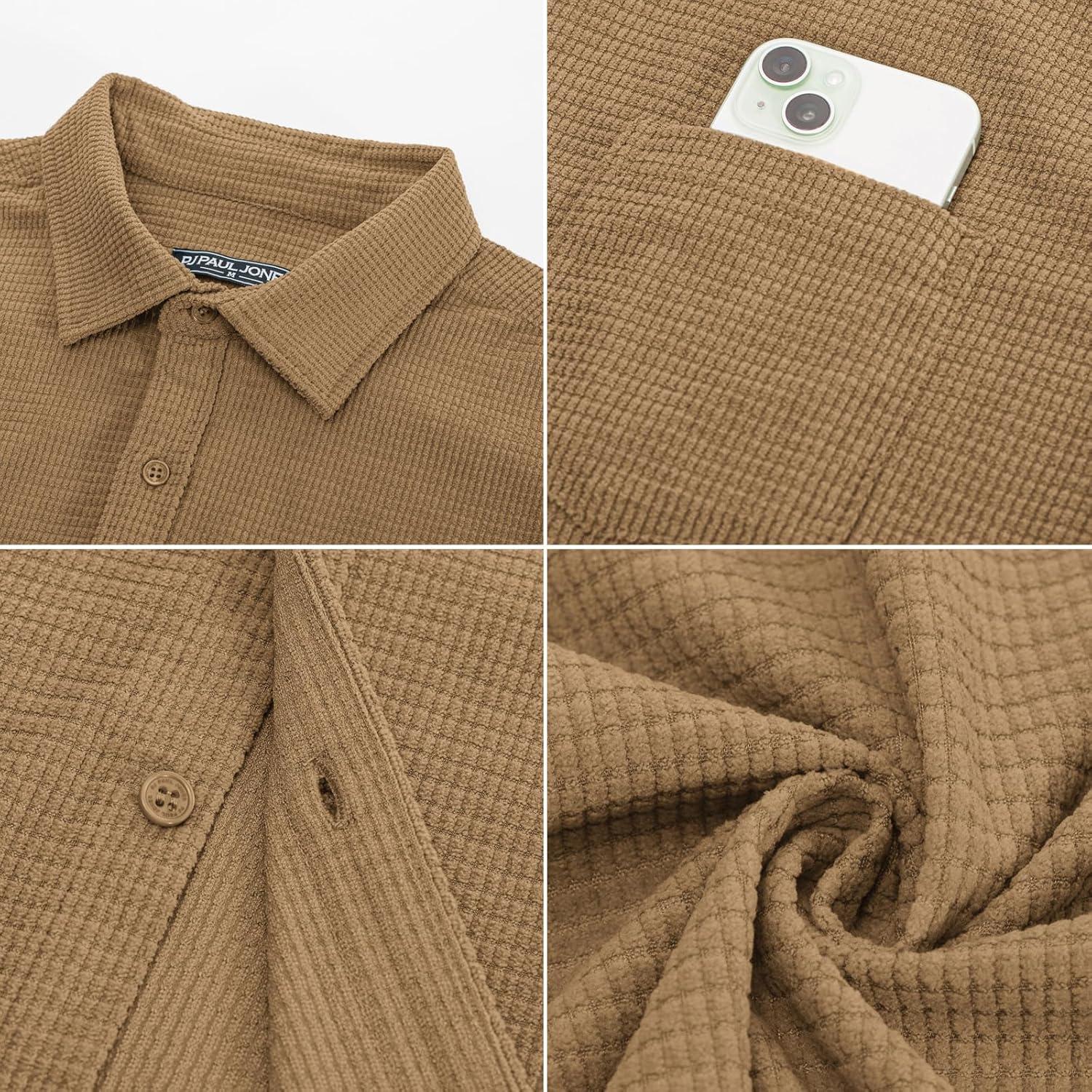 imagePJ PAUL JONES Mens Button Down Shirt Texture Wrinkle Free Shirts Long Sleeve Waffle Untucked ShirtDark Khaki
