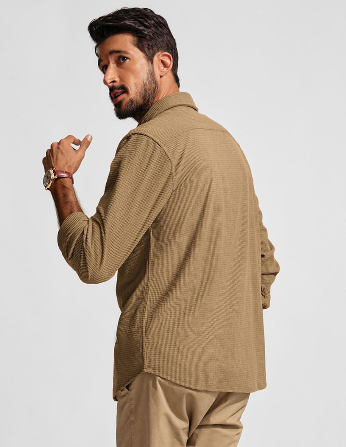 imagePJ PAUL JONES Mens Button Down Shirt Texture Wrinkle Free Shirts Long Sleeve Waffle Untucked ShirtDark Khaki