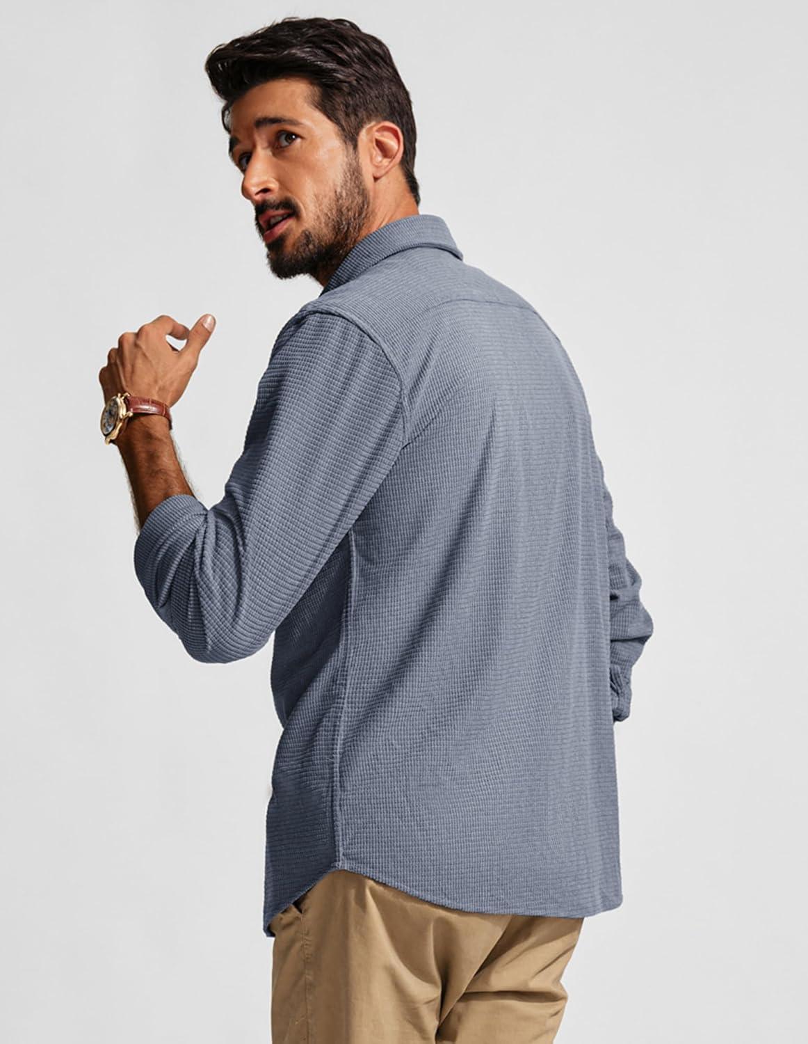 imagePJ PAUL JONES Mens Button Down Shirt Texture Wrinkle Free Shirts Long Sleeve Waffle Untucked ShirtGray Blue
