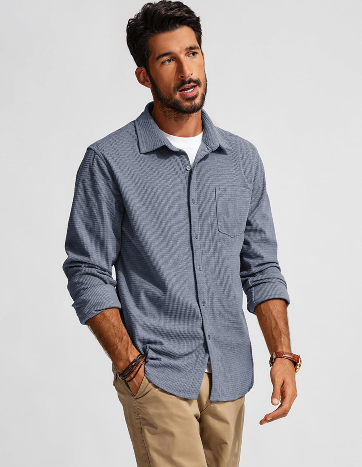 imagePJ PAUL JONES Mens Button Down Shirt Texture Wrinkle Free Shirts Long Sleeve Waffle Untucked ShirtGray Blue