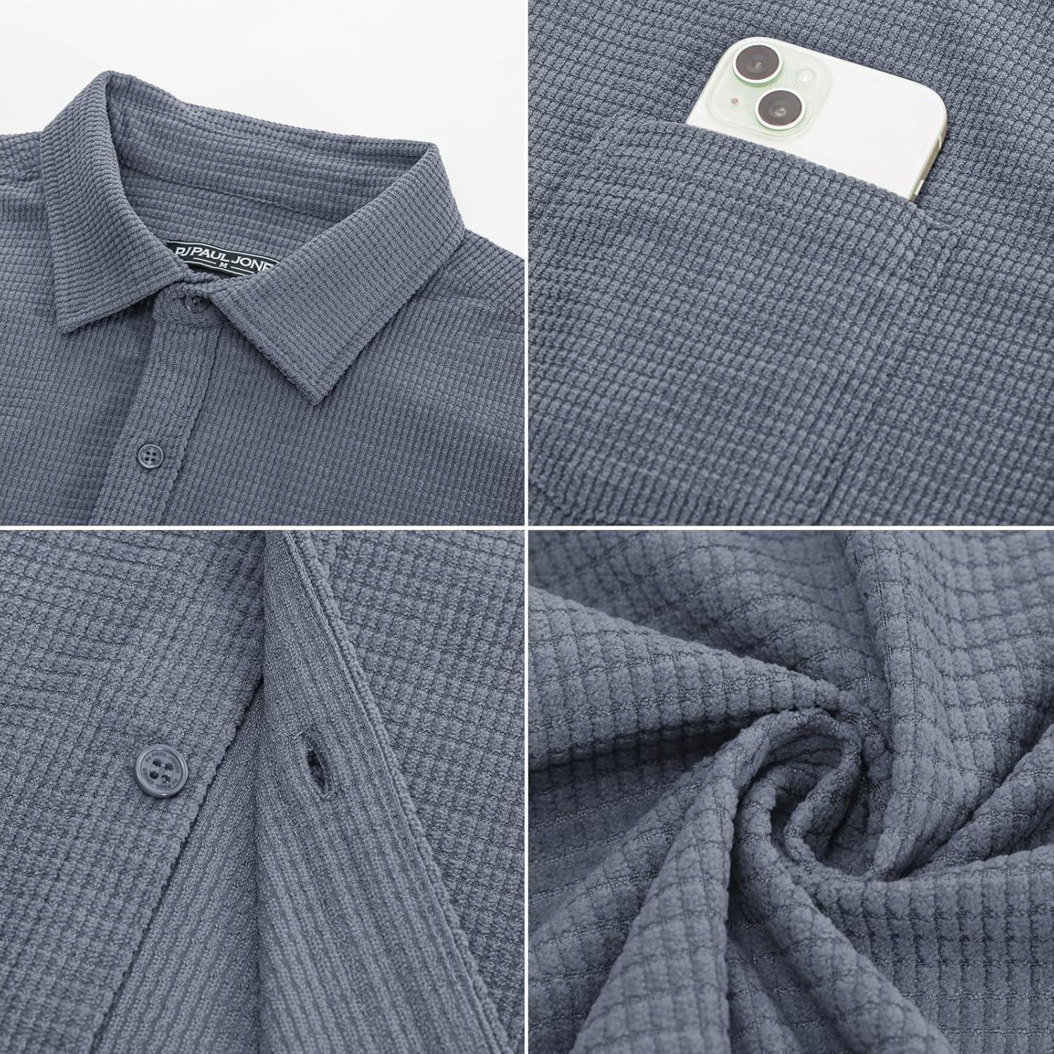 imagePJ PAUL JONES Mens Button Down Shirt Texture Wrinkle Free Shirts Long Sleeve Waffle Untucked ShirtGray Blue