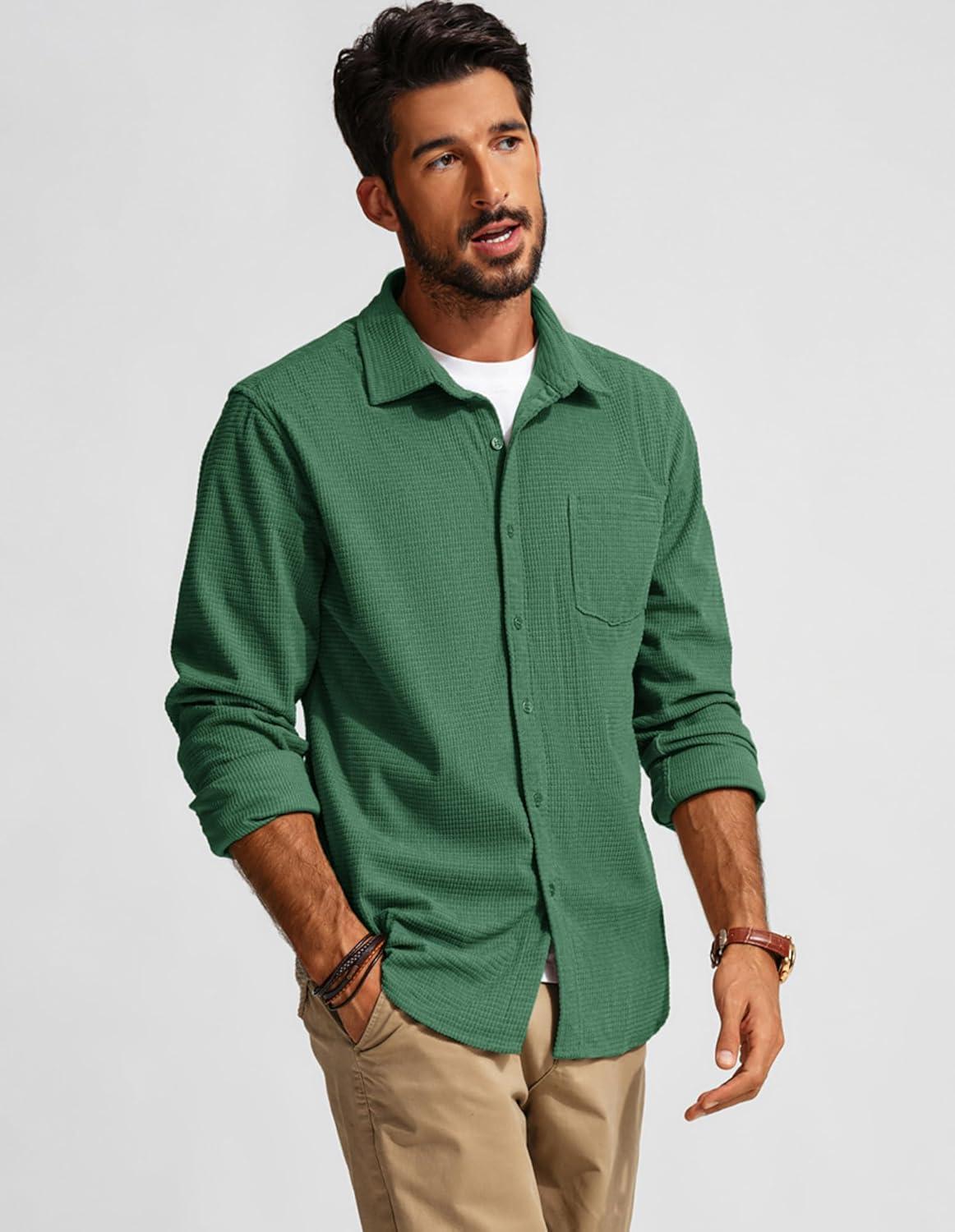 imagePJ PAUL JONES Mens Button Down Shirt Texture Wrinkle Free Shirts Long Sleeve Waffle Untucked ShirtGreen