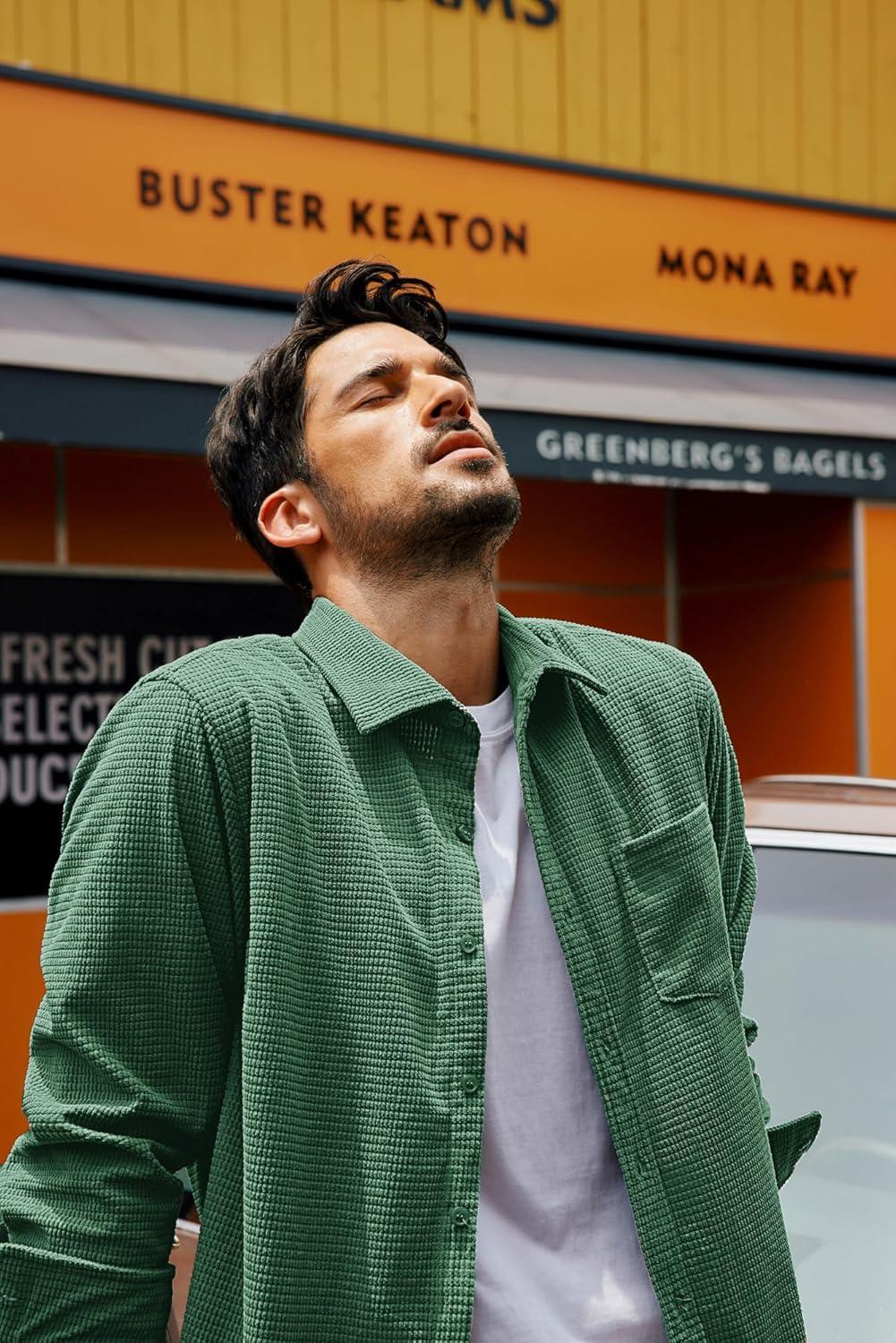 imagePJ PAUL JONES Mens Button Down Shirt Texture Wrinkle Free Shirts Long Sleeve Waffle Untucked ShirtGreen