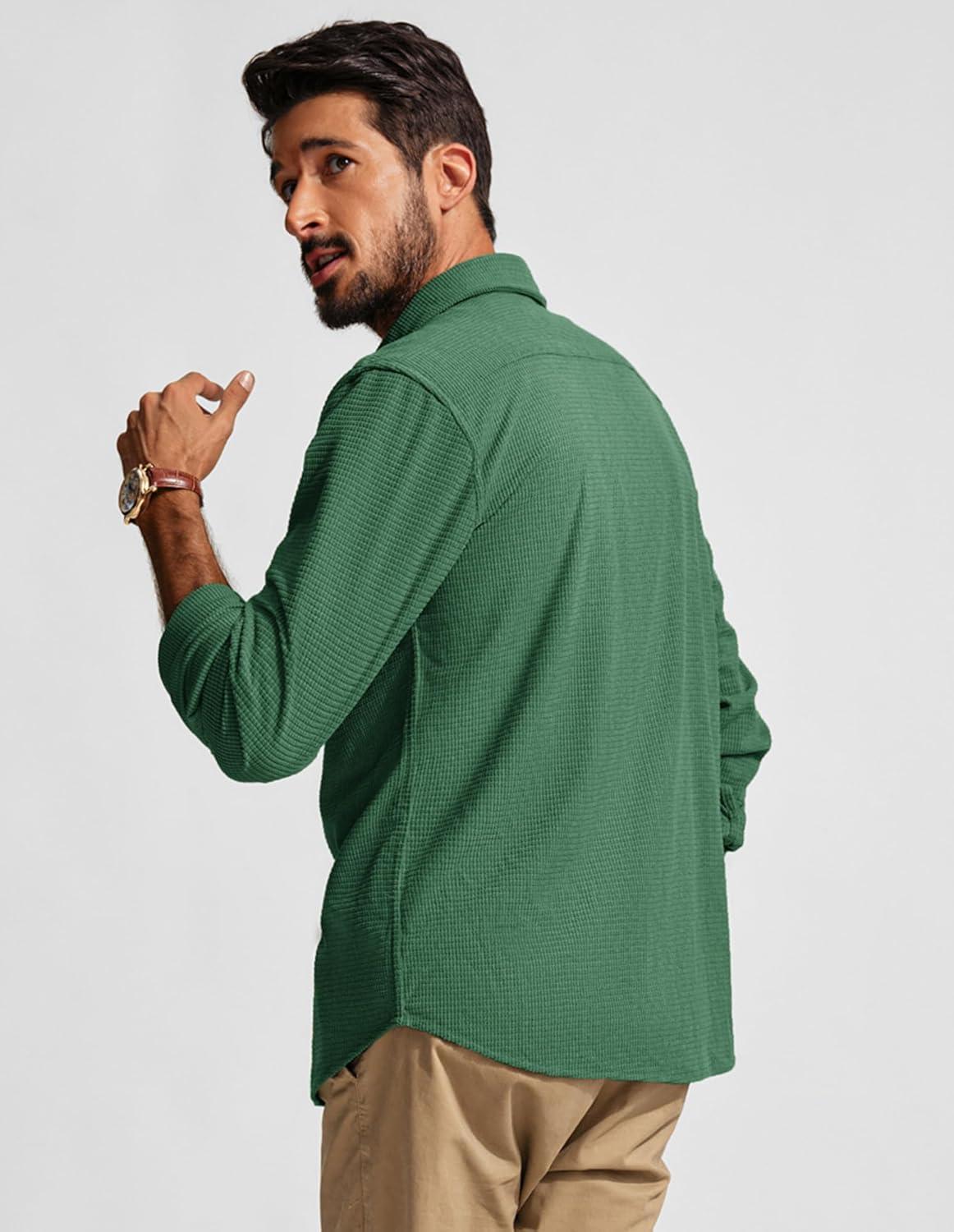 imagePJ PAUL JONES Mens Button Down Shirt Texture Wrinkle Free Shirts Long Sleeve Waffle Untucked ShirtGreen