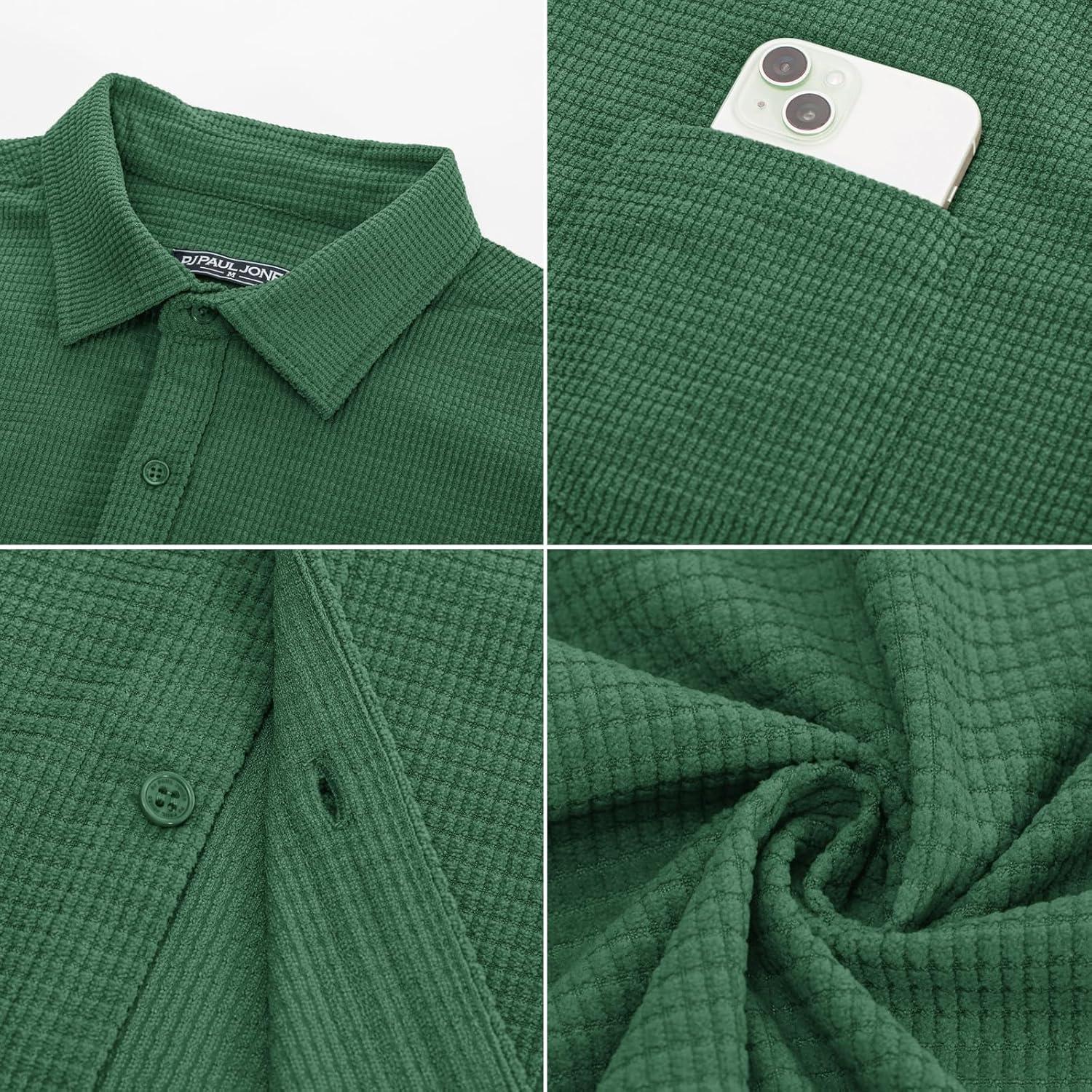 imagePJ PAUL JONES Mens Button Down Shirt Texture Wrinkle Free Shirts Long Sleeve Waffle Untucked ShirtGreen