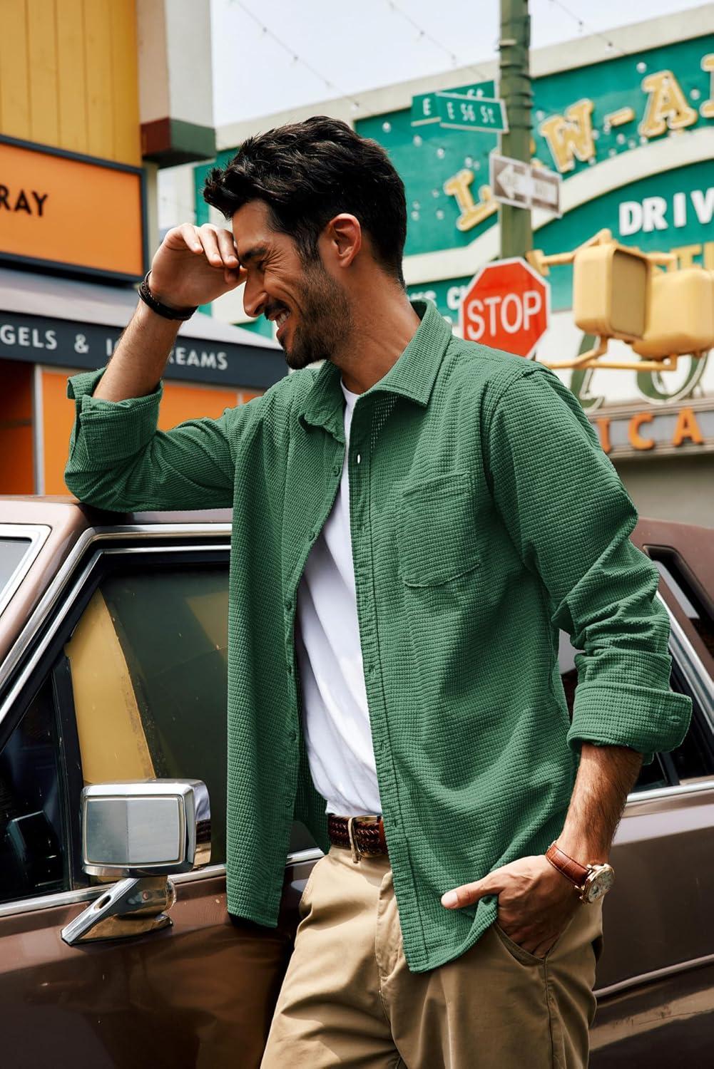 imagePJ PAUL JONES Mens Button Down Shirt Texture Wrinkle Free Shirts Long Sleeve Waffle Untucked ShirtGreen