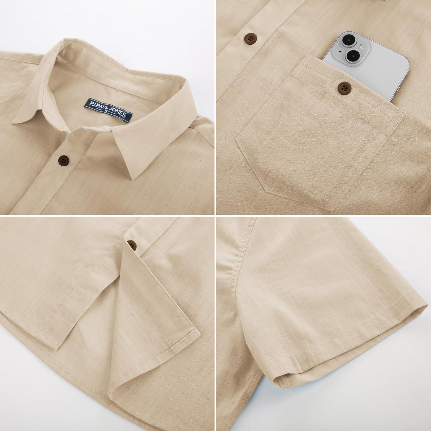 imagePJ PAUL JONES Mens Button Up Shirts Short Sleeve Untucked Shirts with Pocket for Summer Beach VacationApricot