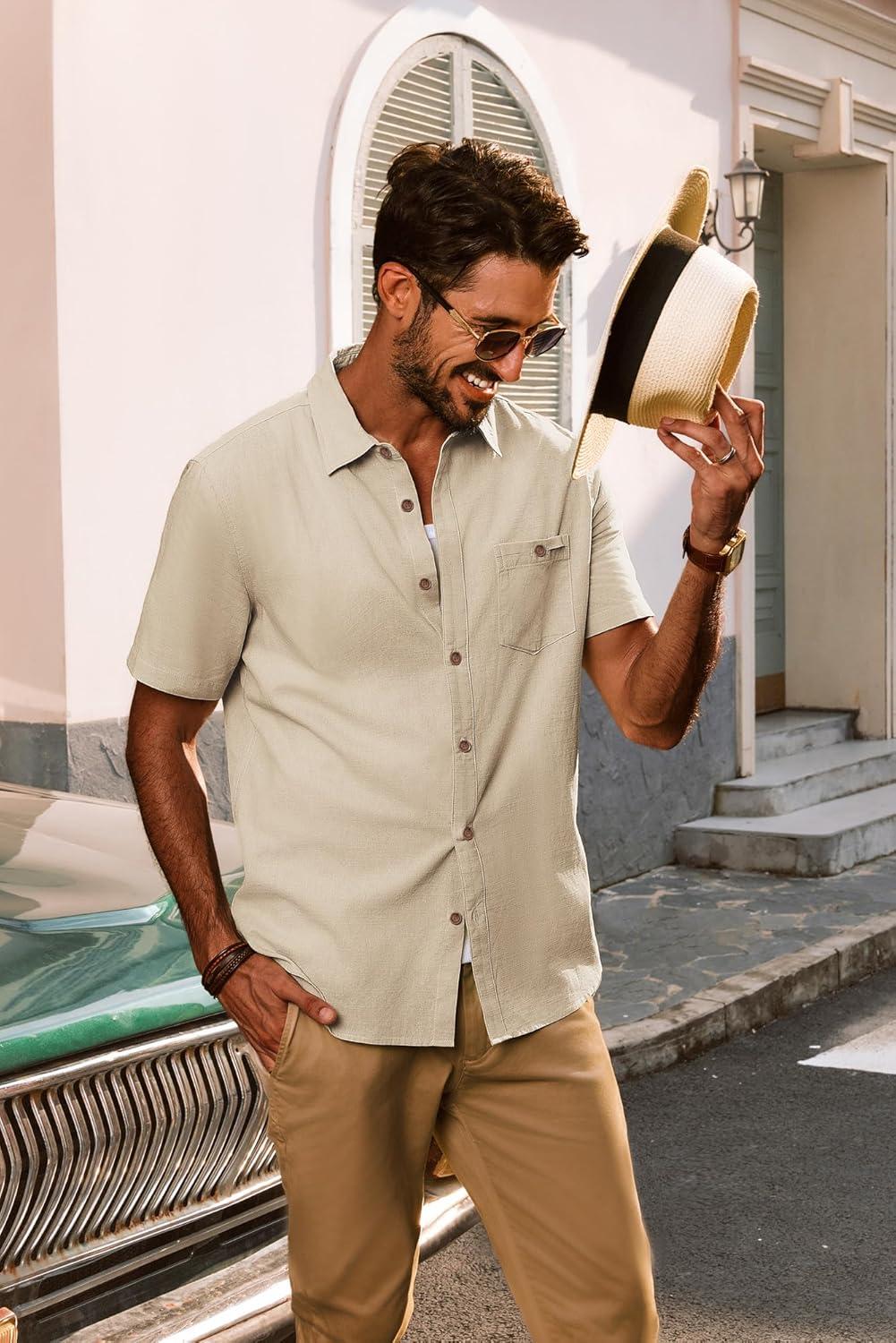 imagePJ PAUL JONES Mens Button Up Shirts Short Sleeve Untucked Shirts with Pocket for Summer Beach VacationApricot
