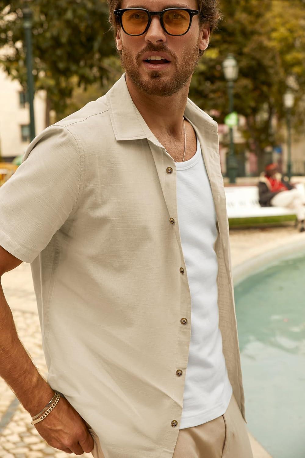 imagePJ PAUL JONES Mens Button Up Shirts Short Sleeve Untucked Shirts with Pocket for Summer Beach VacationApricot