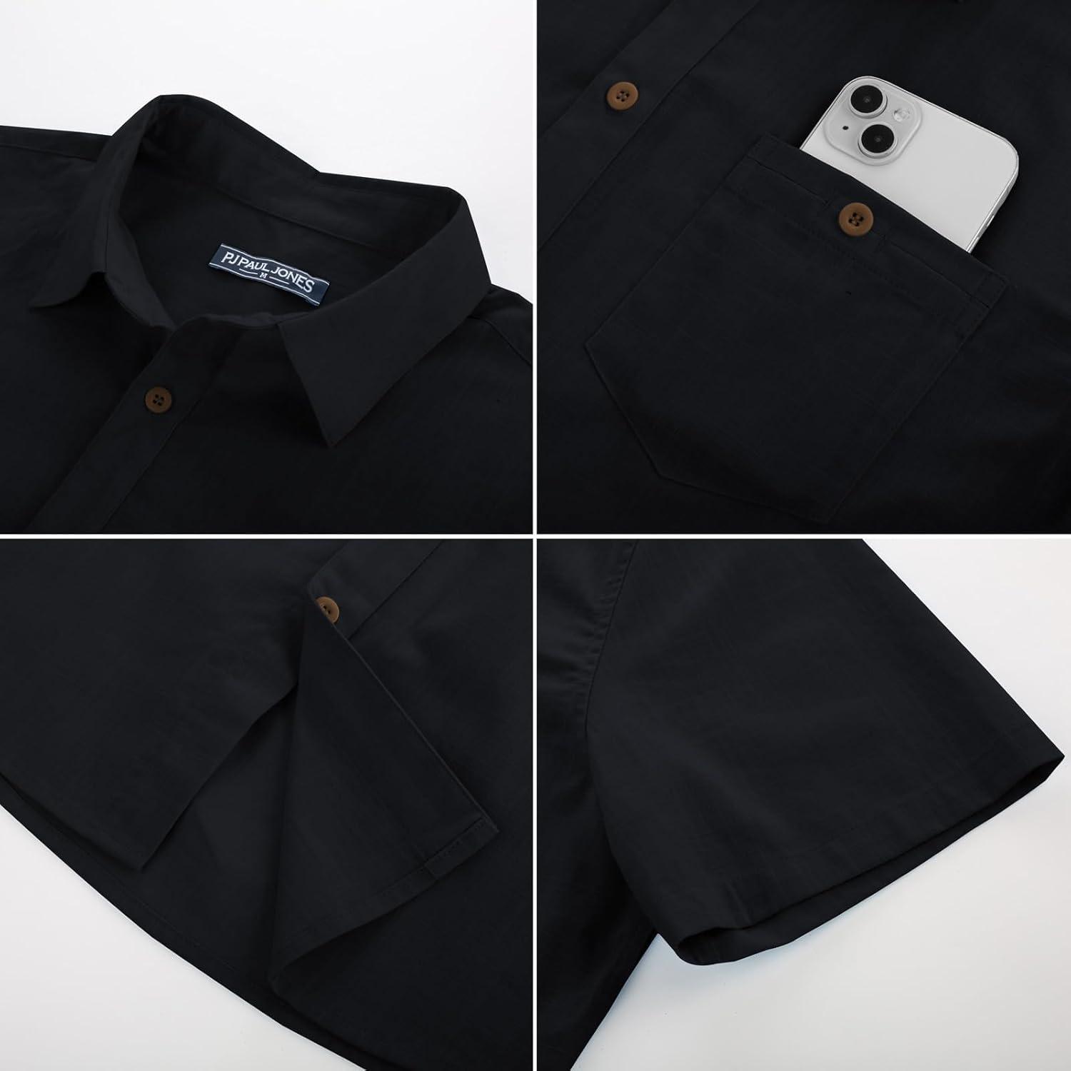 imagePJ PAUL JONES Mens Button Up Shirts Short Sleeve Untucked Shirts with Pocket for Summer Beach VacationBlack