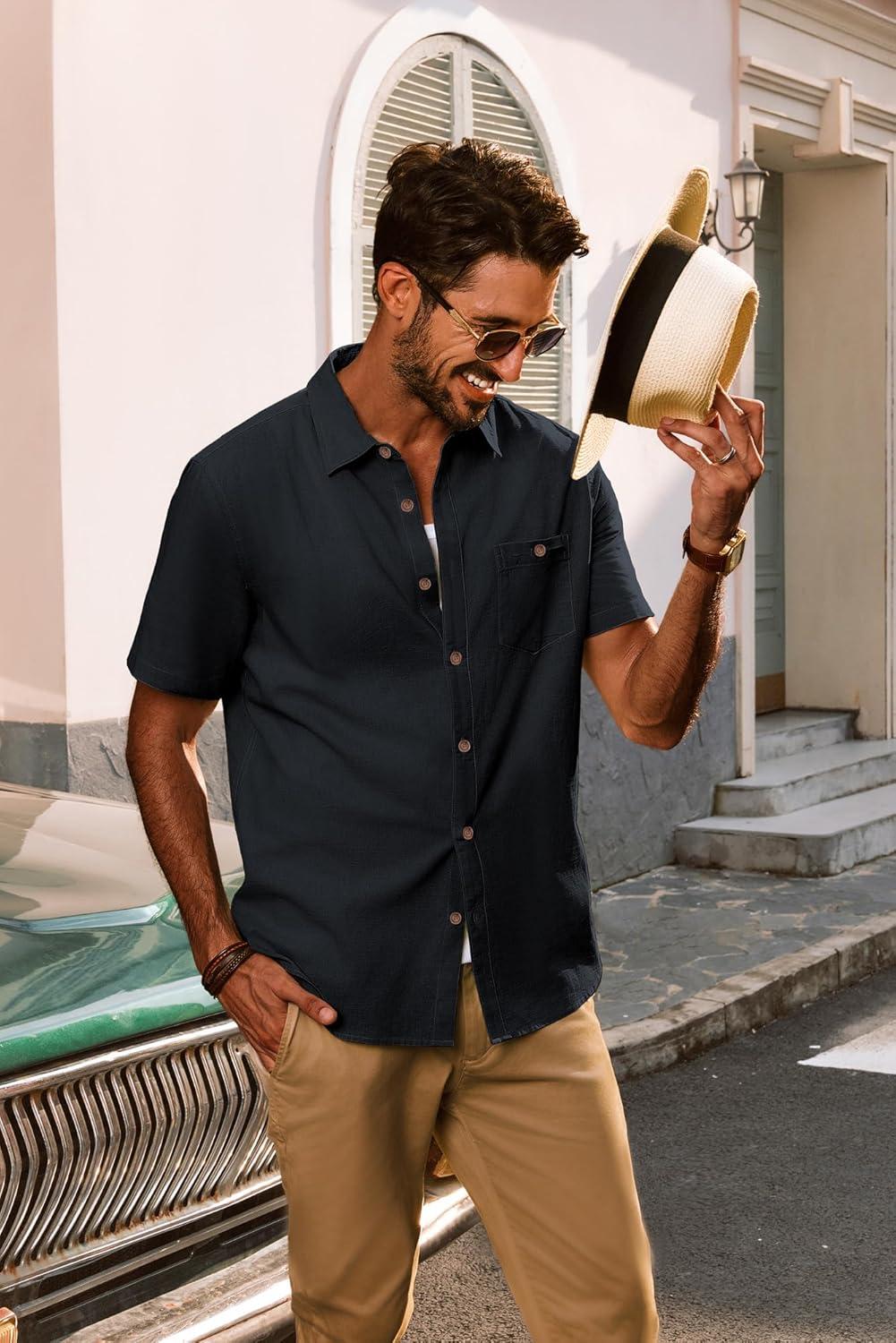 imagePJ PAUL JONES Mens Button Up Shirts Short Sleeve Untucked Shirts with Pocket for Summer Beach VacationBlack