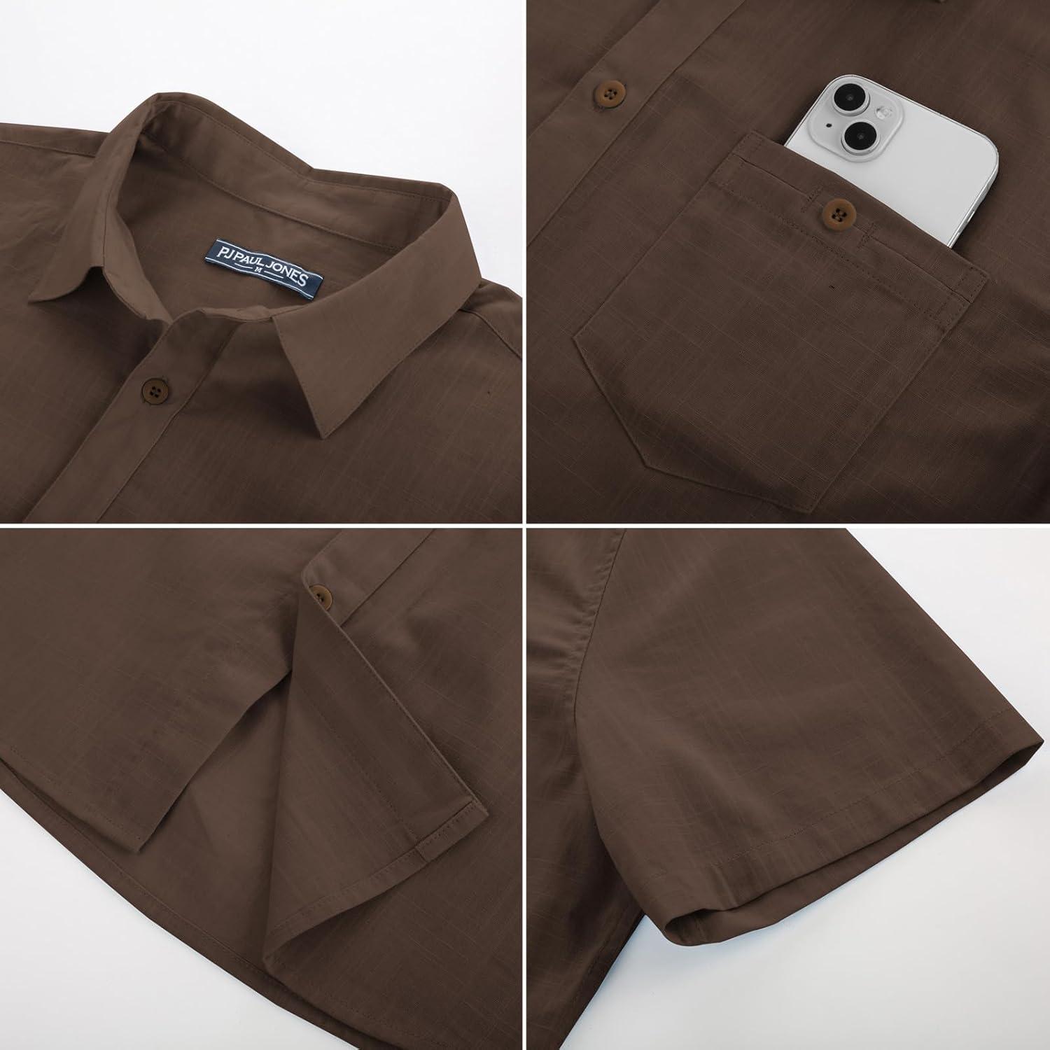 imagePJ PAUL JONES Mens Button Up Shirts Short Sleeve Untucked Shirts with Pocket for Summer Beach VacationBrown