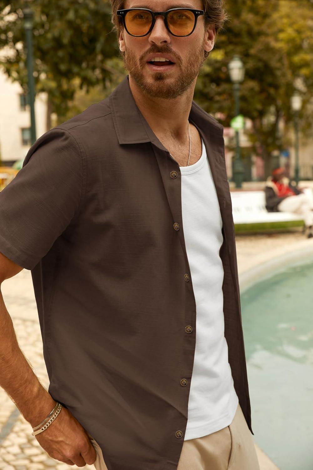 imagePJ PAUL JONES Mens Button Up Shirts Short Sleeve Untucked Shirts with Pocket for Summer Beach VacationBrown
