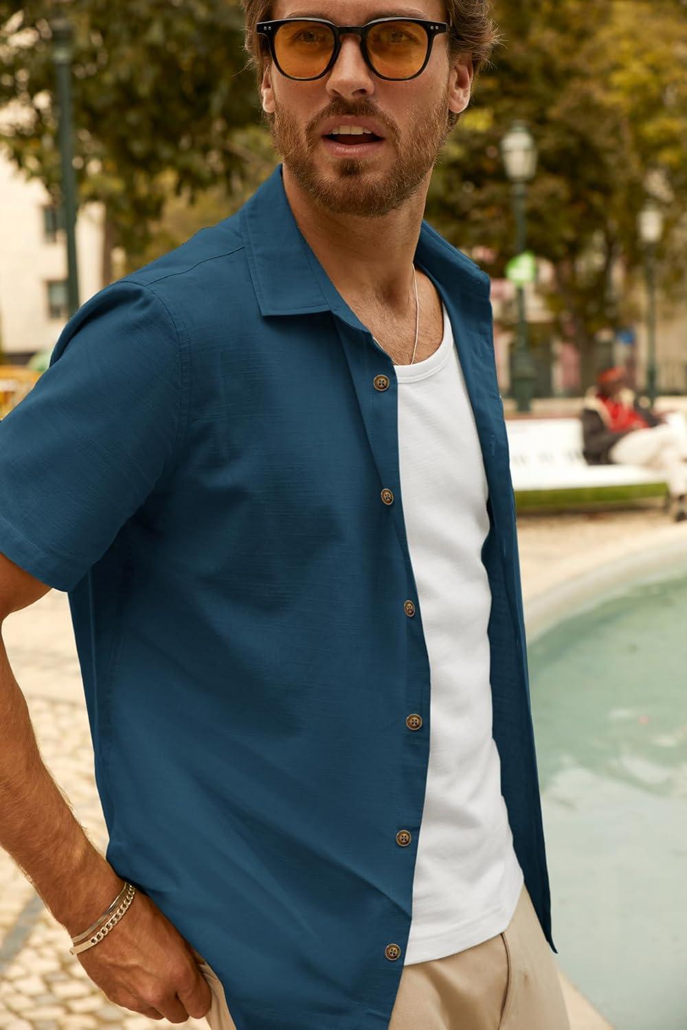 imagePJ PAUL JONES Mens Button Up Shirts Short Sleeve Untucked Shirts with Pocket for Summer Beach VacationDenim Blue