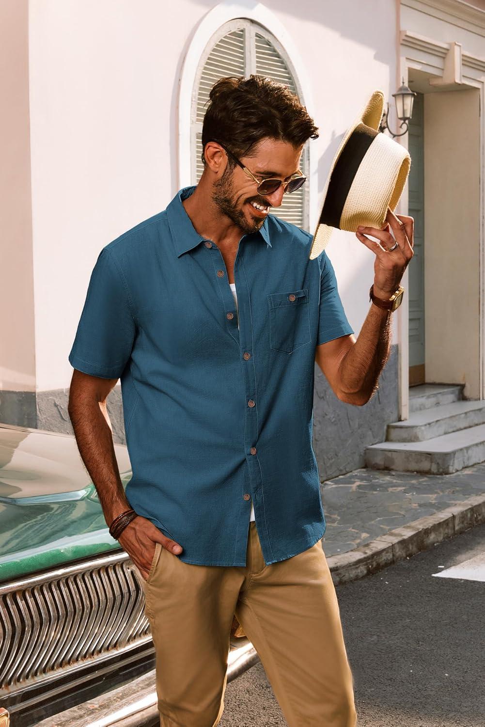 imagePJ PAUL JONES Mens Button Up Shirts Short Sleeve Untucked Shirts with Pocket for Summer Beach VacationDenim Blue