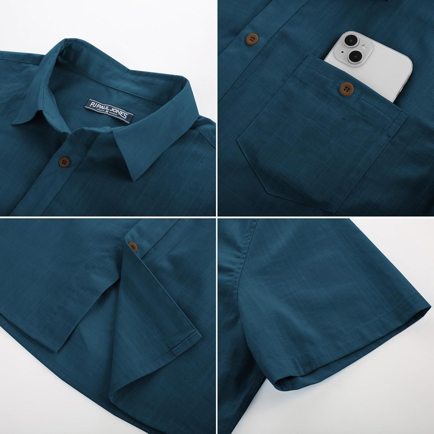imagePJ PAUL JONES Mens Button Up Shirts Short Sleeve Untucked Shirts with Pocket for Summer Beach VacationDenim Blue