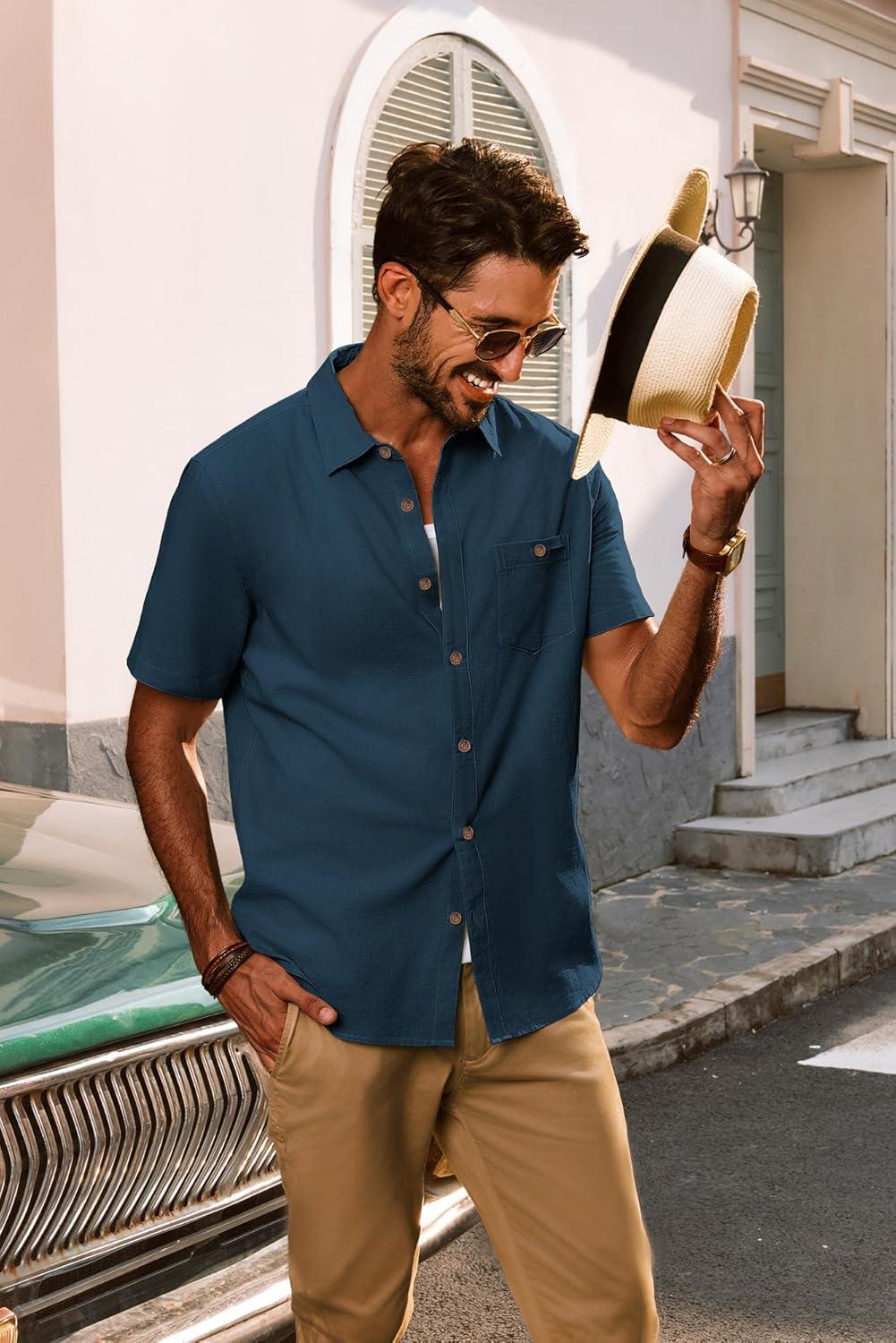 imagePJ PAUL JONES Mens Button Up Shirts Short Sleeve Untucked Shirts with Pocket for Summer Beach VacationNavy Blue
