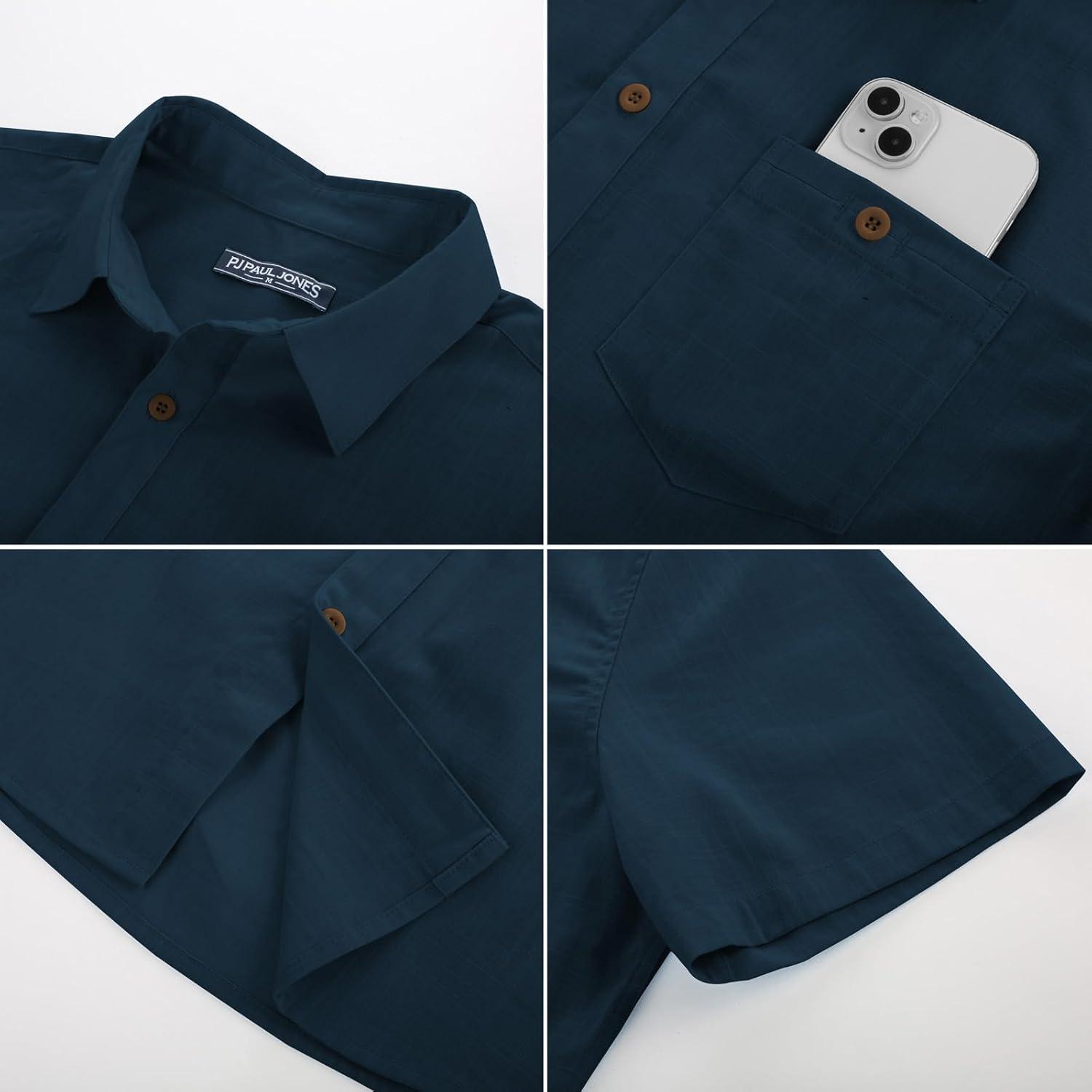 imagePJ PAUL JONES Mens Button Up Shirts Short Sleeve Untucked Shirts with Pocket for Summer Beach VacationNavy Blue
