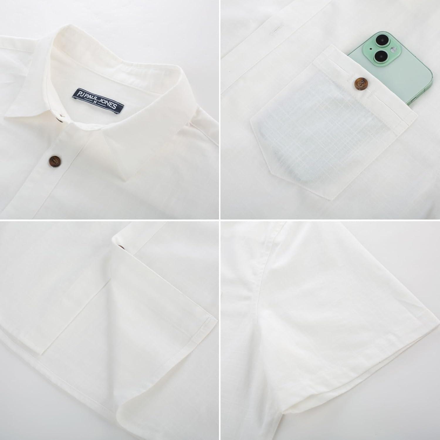 imagePJ PAUL JONES Mens Button Up Shirts Short Sleeve Untucked Shirts with Pocket for Summer Beach VacationWhite