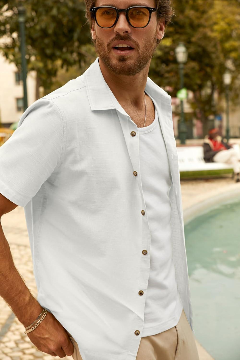 imagePJ PAUL JONES Mens Button Up Shirts Short Sleeve Untucked Shirts with Pocket for Summer Beach VacationWhite