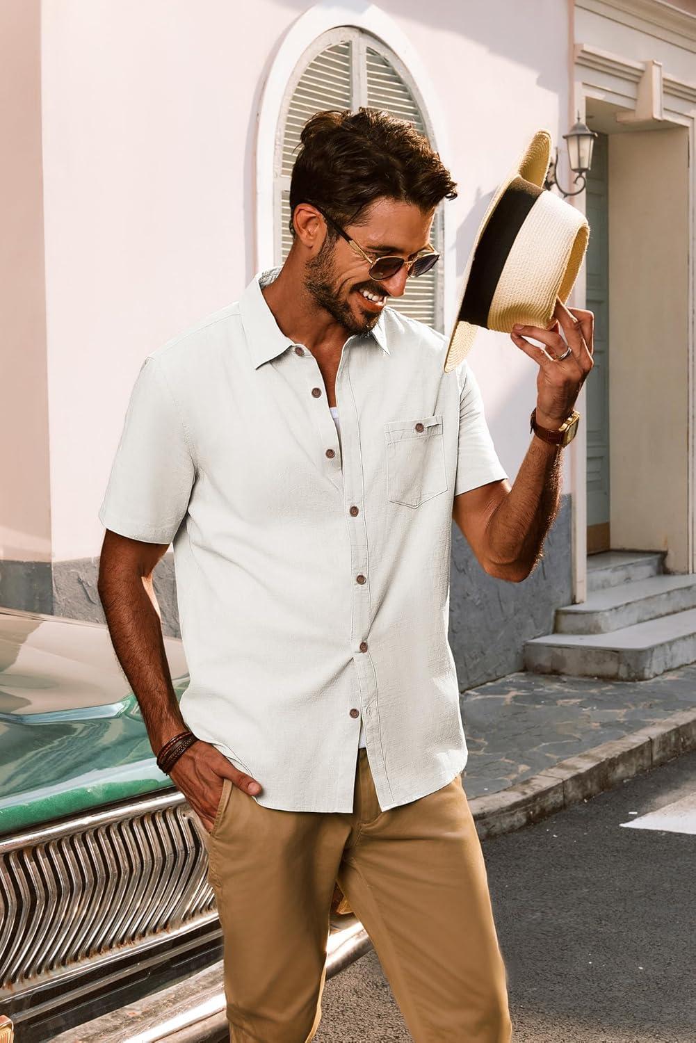 imagePJ PAUL JONES Mens Button Up Shirts Short Sleeve Untucked Shirts with Pocket for Summer Beach VacationWhite