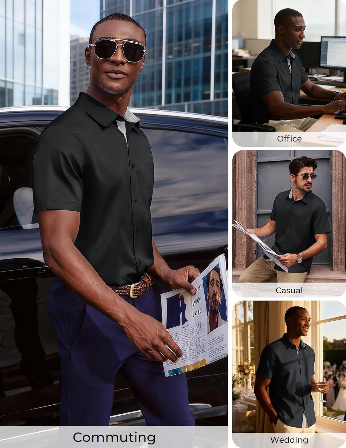imagePJ PAUL JONES Mens Dress Shirt Short Sleeve Button Down Shirts WrinkleFree Business Casual Shirts with PocketBlack
