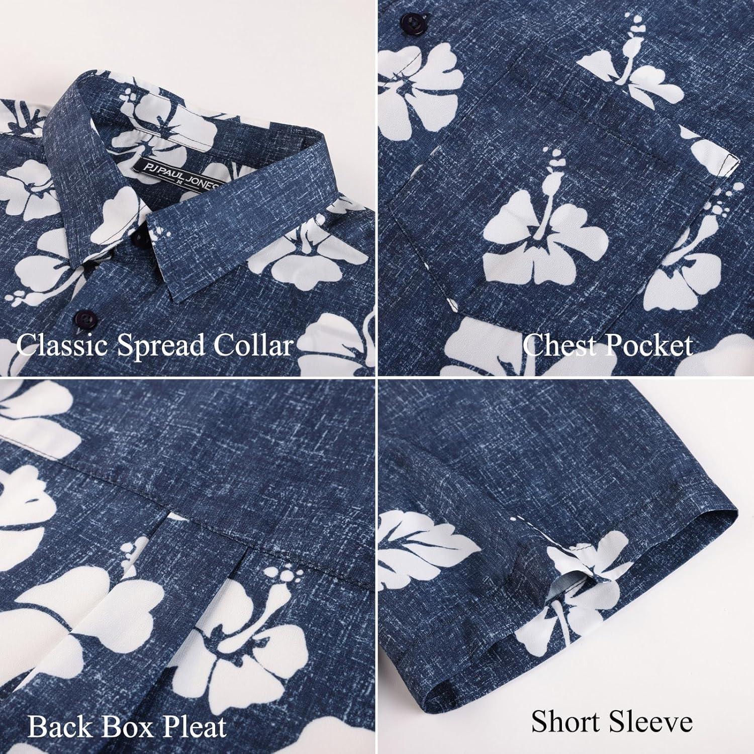 imagePJ PAUL JONES Mens Hawaiian Shirt Short Sleeve Button Down Shirts Tropical Floral Summer Beach Vacation Shirts Regular FitNavy Blue White Flower
