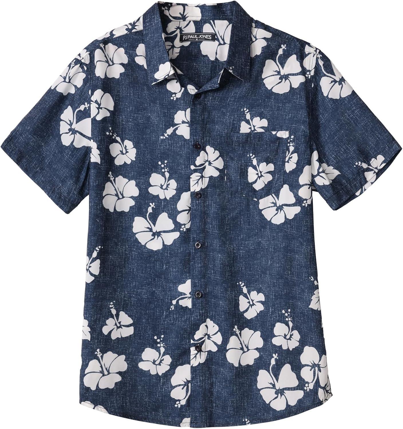 imagePJ PAUL JONES Mens Hawaiian Shirt Short Sleeve Button Down Shirts Tropical Floral Summer Beach Vacation Shirts Regular FitNavy Blue White Flower