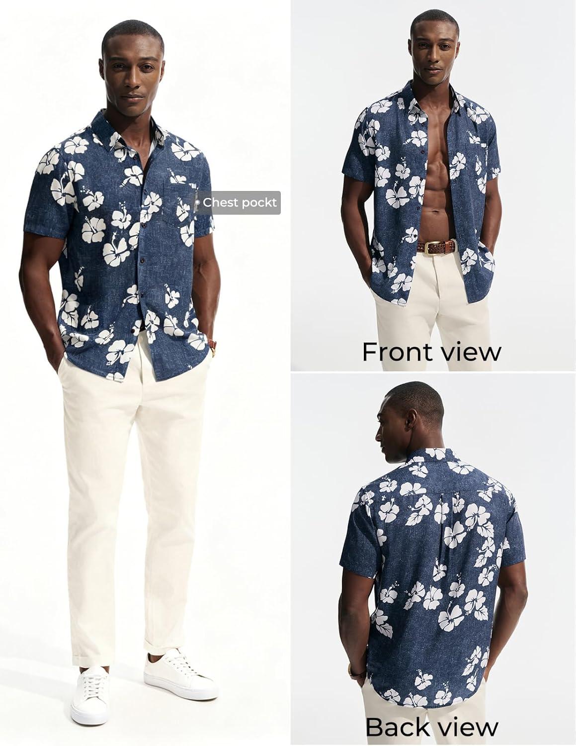 imagePJ PAUL JONES Mens Hawaiian Shirt Short Sleeve Button Down Shirts Tropical Floral Summer Beach Vacation Shirts Regular FitNavy Blue White Flower