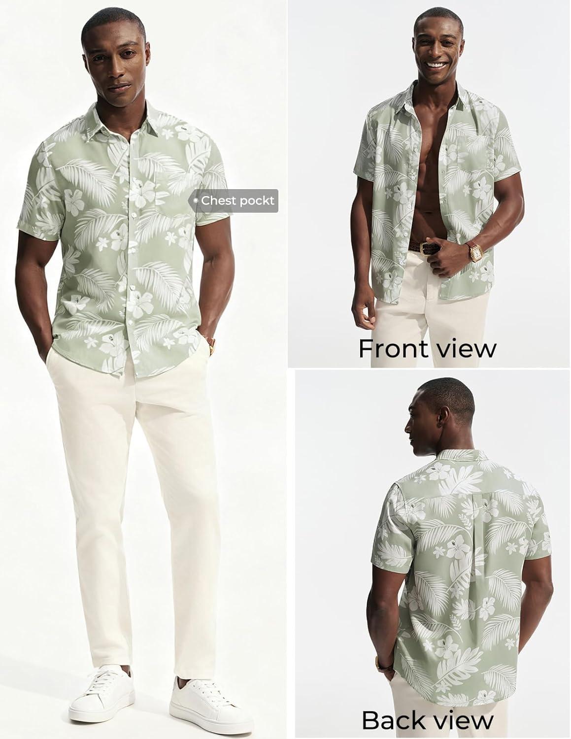 imagePJ PAUL JONES Mens Hawaiian Shirt Short Sleeve Button Down Shirts Tropical Floral Summer Beach Vacation Shirts Regular FitSage Green White Flower