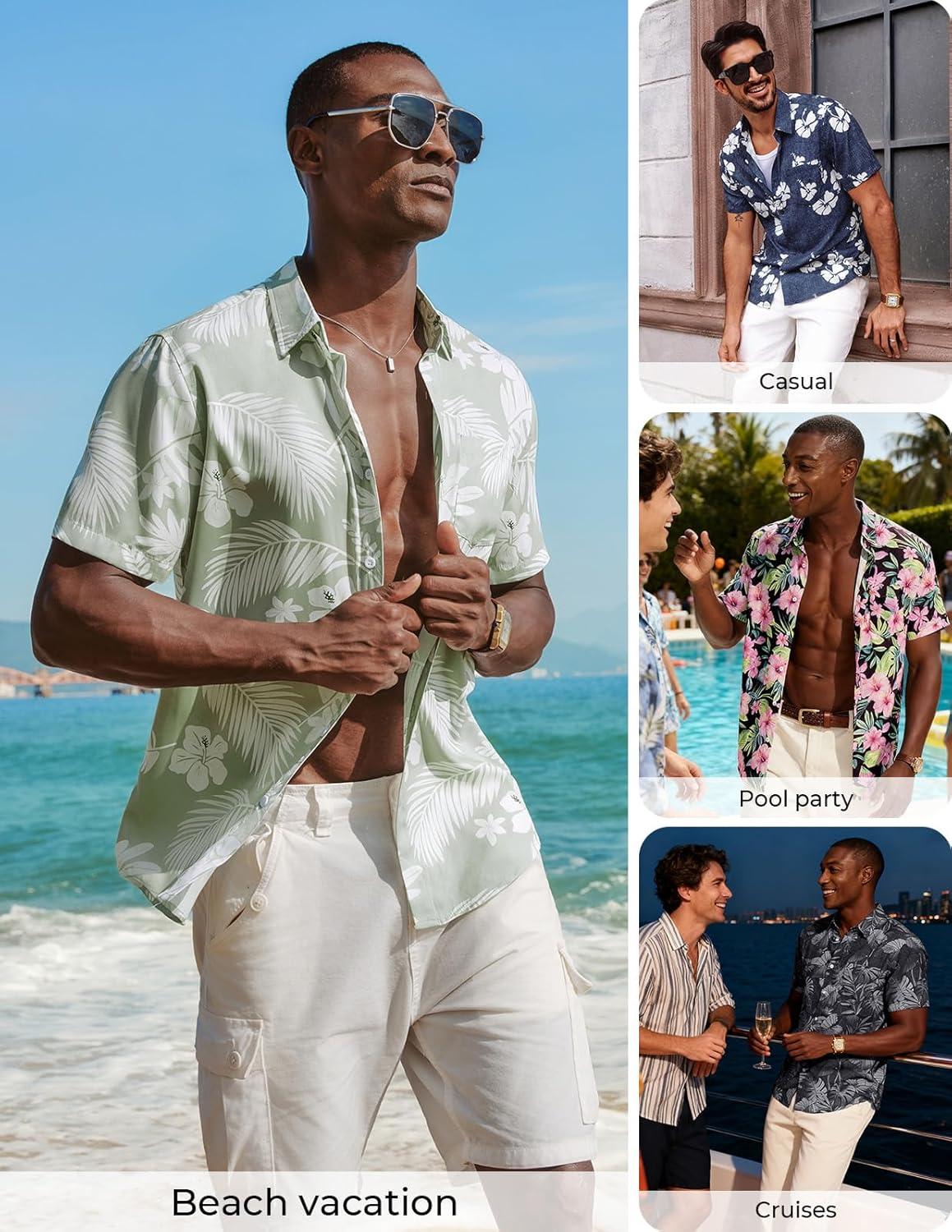 imagePJ PAUL JONES Mens Hawaiian Shirt Short Sleeve Button Down Shirts Tropical Floral Summer Beach Vacation Shirts Regular FitSage Green White Flower