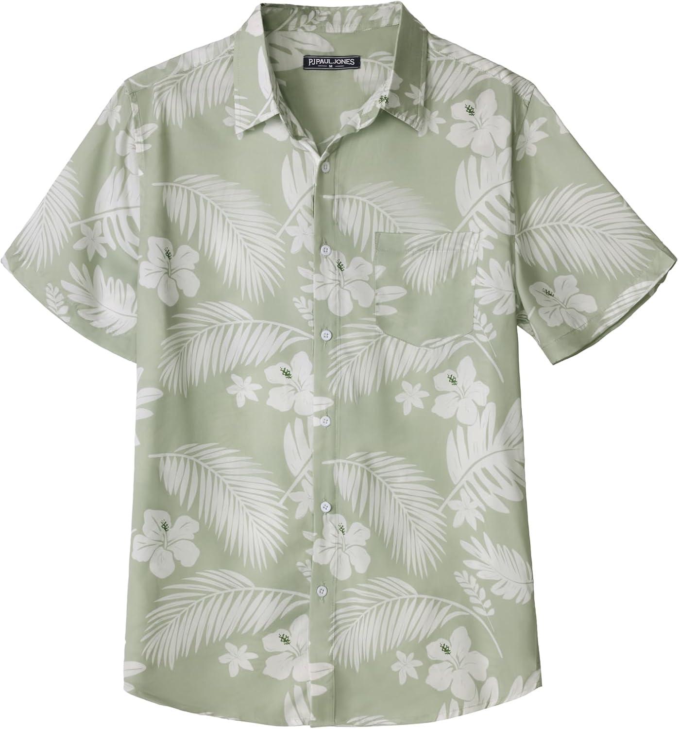 imagePJ PAUL JONES Mens Hawaiian Shirt Short Sleeve Button Down Shirts Tropical Floral Summer Beach Vacation Shirts Regular FitSage Green White Flower