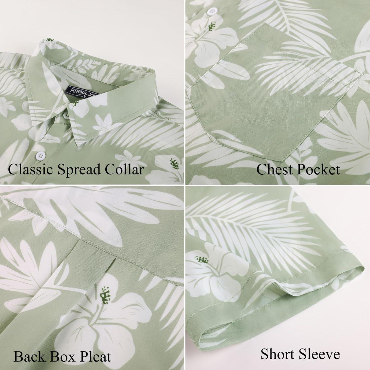 imagePJ PAUL JONES Mens Hawaiian Shirt Short Sleeve Button Down Shirts Tropical Floral Summer Beach Vacation Shirts Regular FitSage Green White Flower