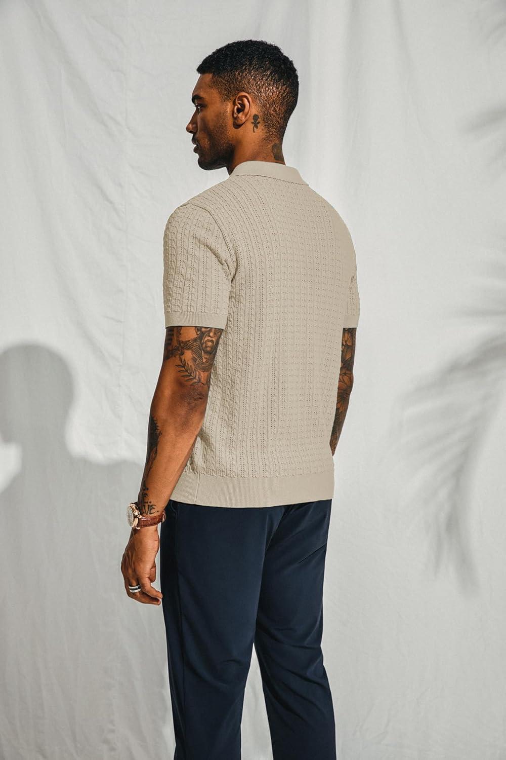 imagePJ PAUL JONES Mens Knit Polo Shirt Short Sleeve Hollow Out Knit Shirt Texture Knitted PoloBeige