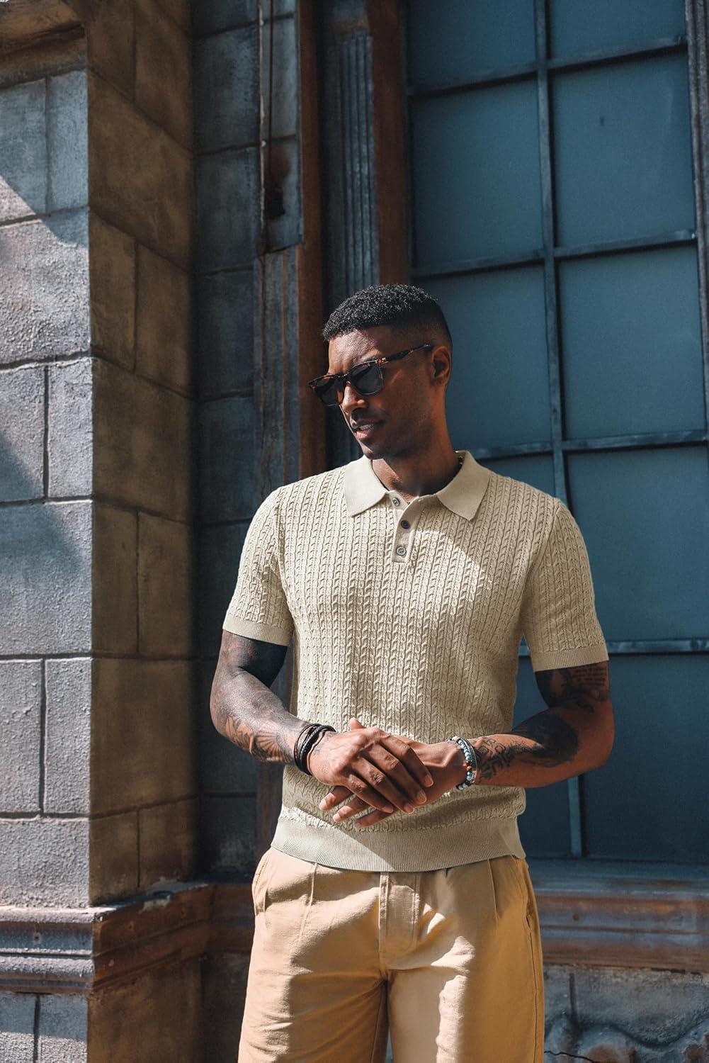 imagePJ PAUL JONES Mens Knit Polo Shirt Short Sleeve Hollow Out Knit Shirt Texture Knitted PoloBeige